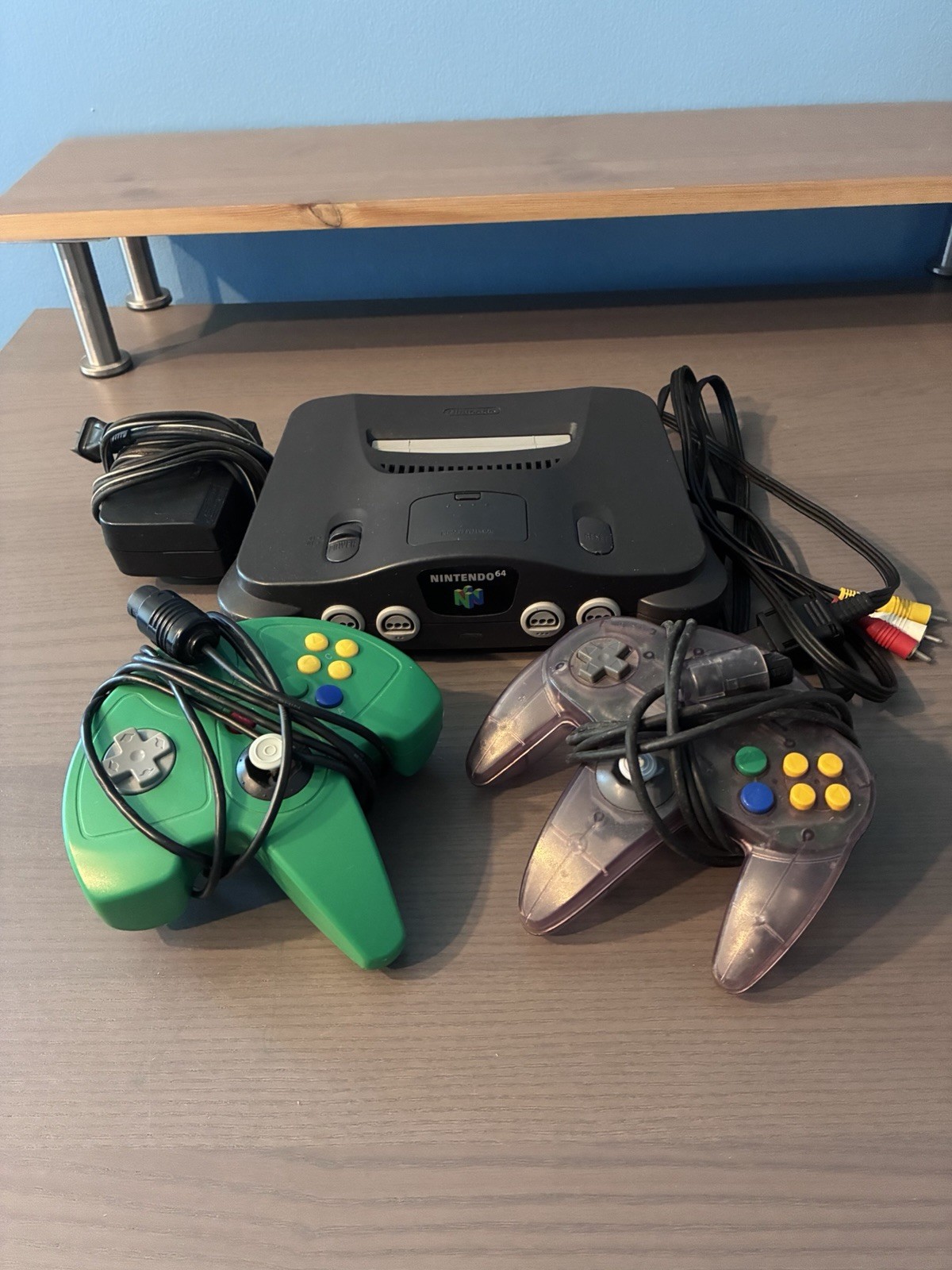 Nintendo 64 Console Bundle 2 Controllers Green & Purple Cable Jumper Pack Tested