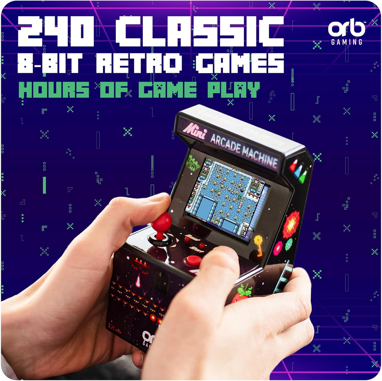 Mini Arcade Machine, 240 Built-In 8-Bit Games, 2.5” Full Colour Screen, 8-Way Jo