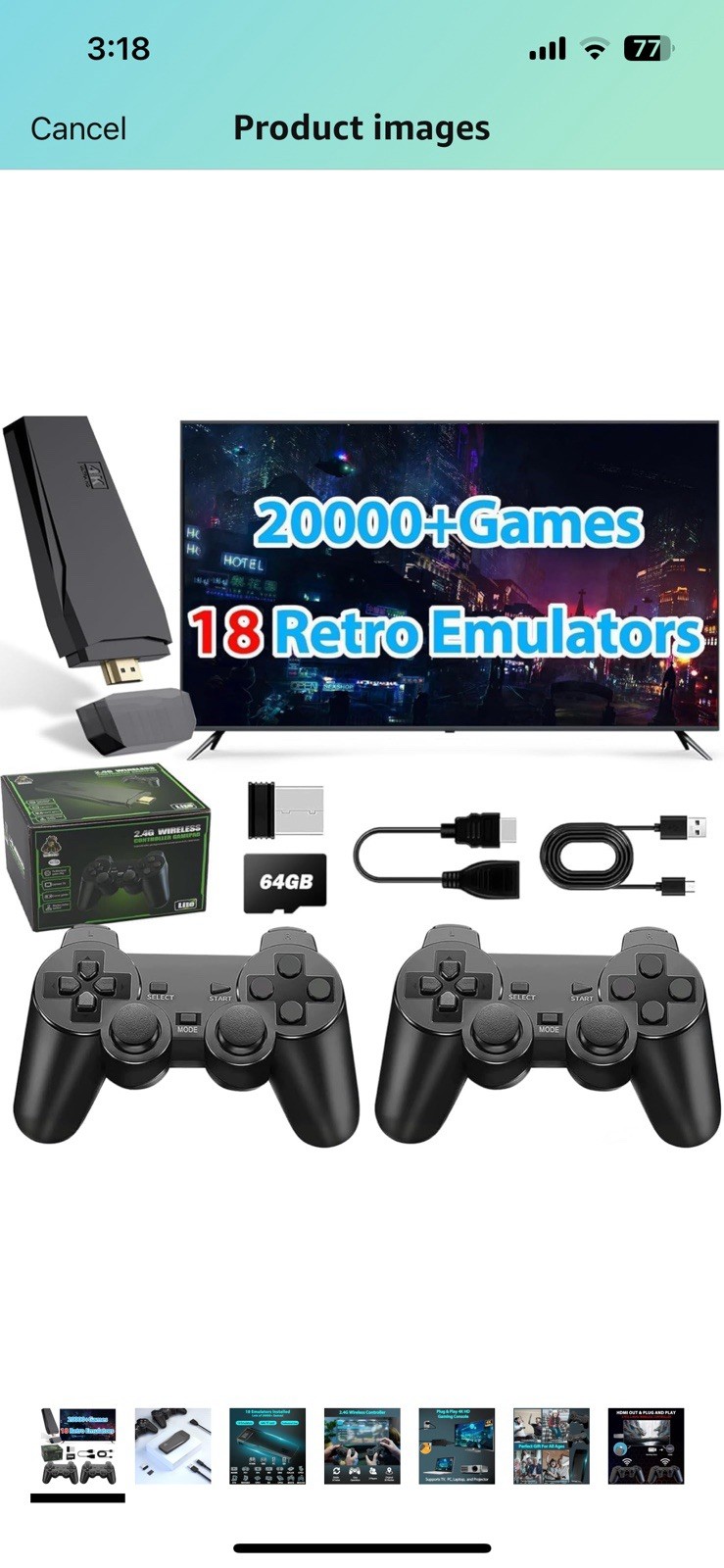 Wireless Retro Game Console Stick 20,000+ Games 4K HDMI w/ 2 Controllers (20GB)