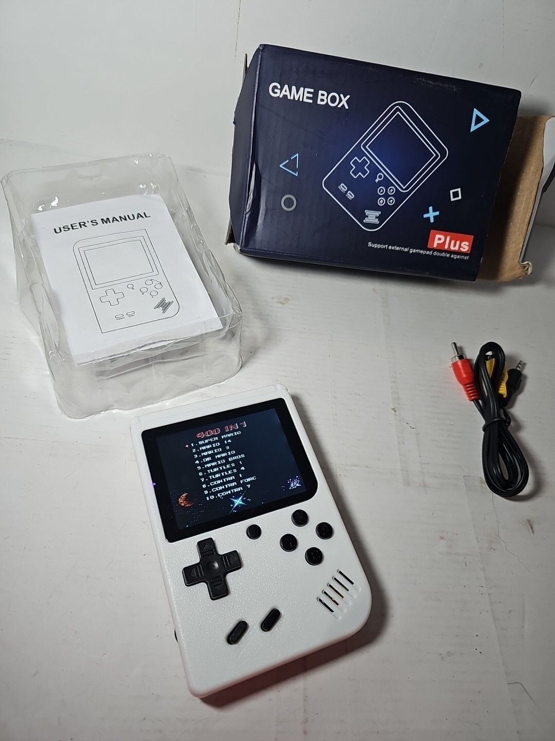Game Box Plus- Hand Held Game System Rechargeable Battery, White Great Condition