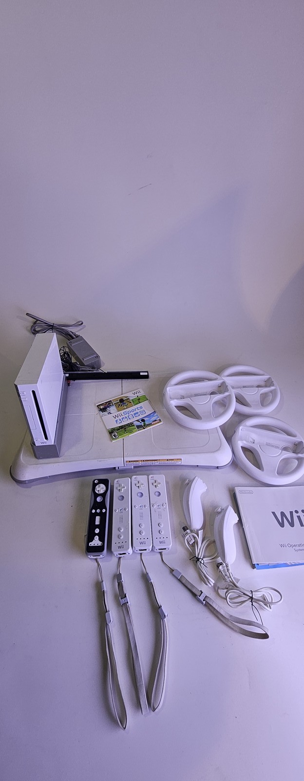 Nintendo Wii Console Bundle w/ 4 Remotes, 3 Nunchucks, 3 Wheels, Wii Sports Game