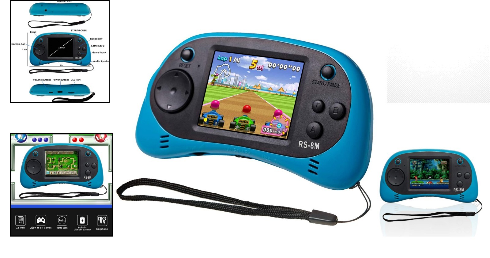 Kids Handheld Portable Video Game Player: 220 Games, 2.5″ LCD Screen in Blue