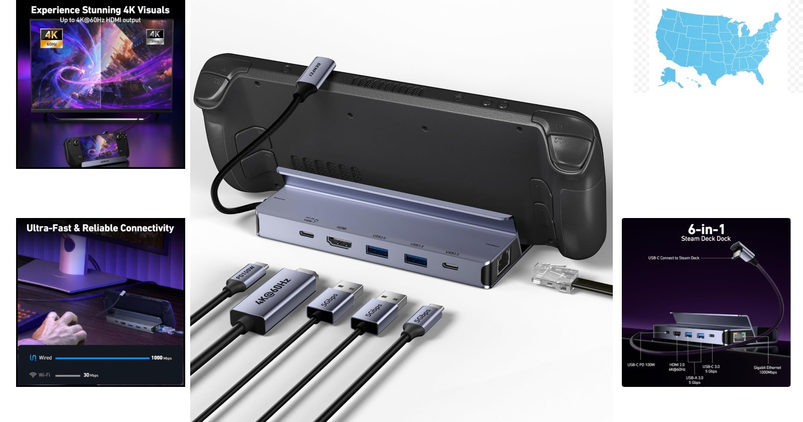 Compact Steam Deck Dock – Aluminum 6-in-1 Hub with Gigabit Ethernet Support