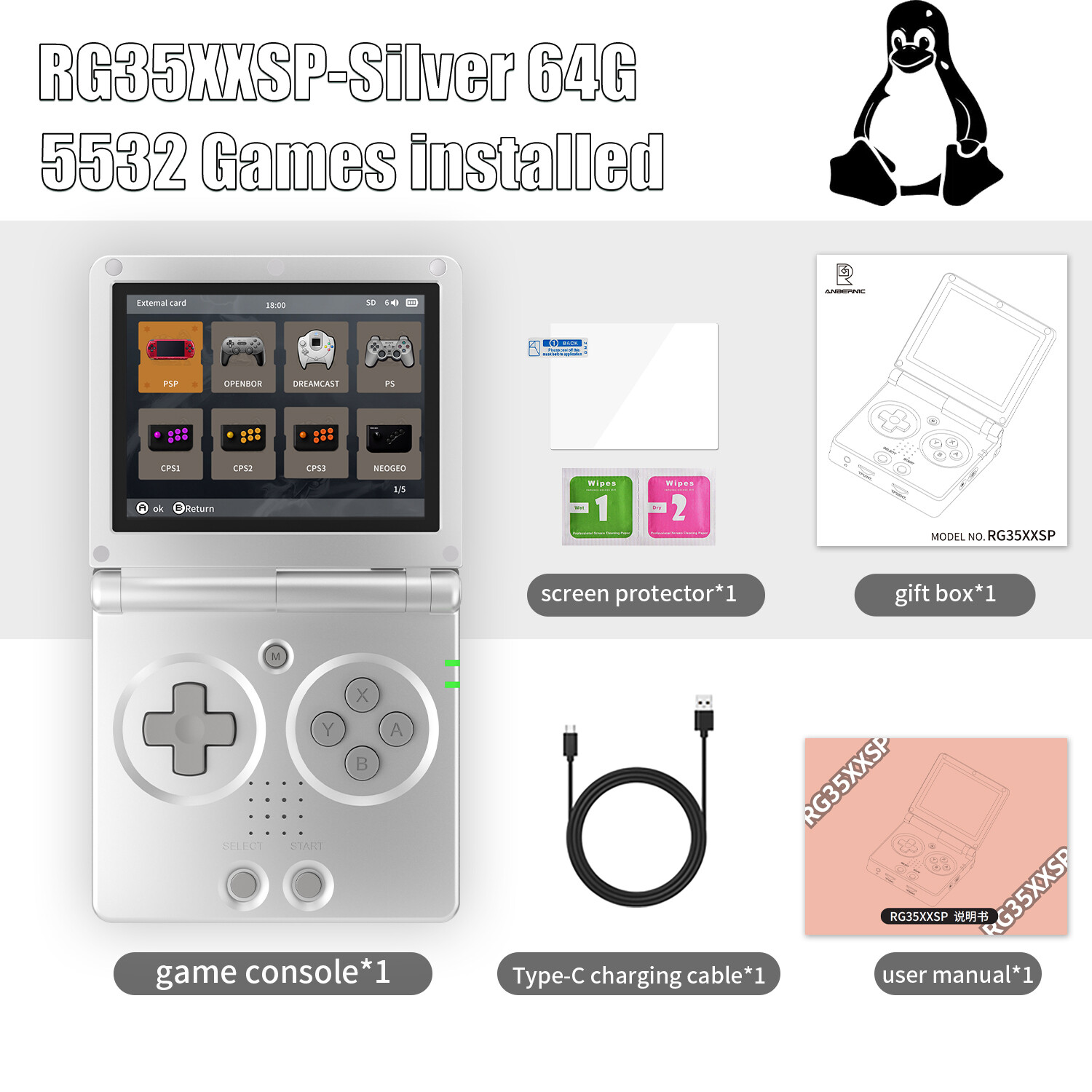 ANBERNIC RG35XXSP Handheld Retro Game Console 3.5′ IPS Screen 64G 4K+Games Gifts