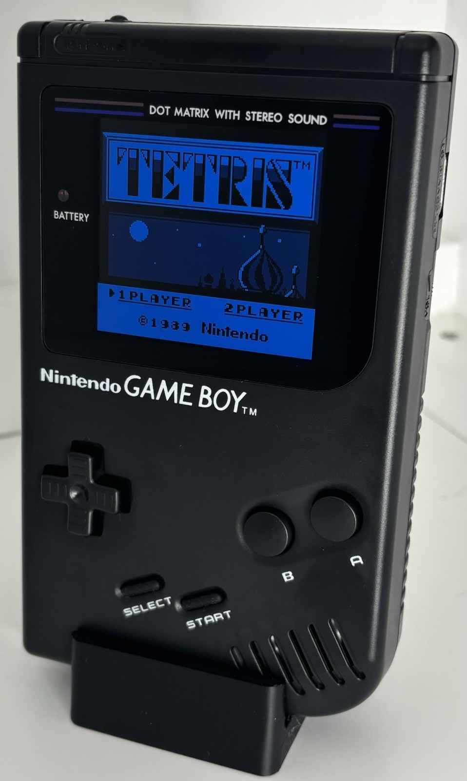 Black Nintendo Game Boy DMG-01, IPS Q5 Screen Mod and USB-C Rechargeable Mod