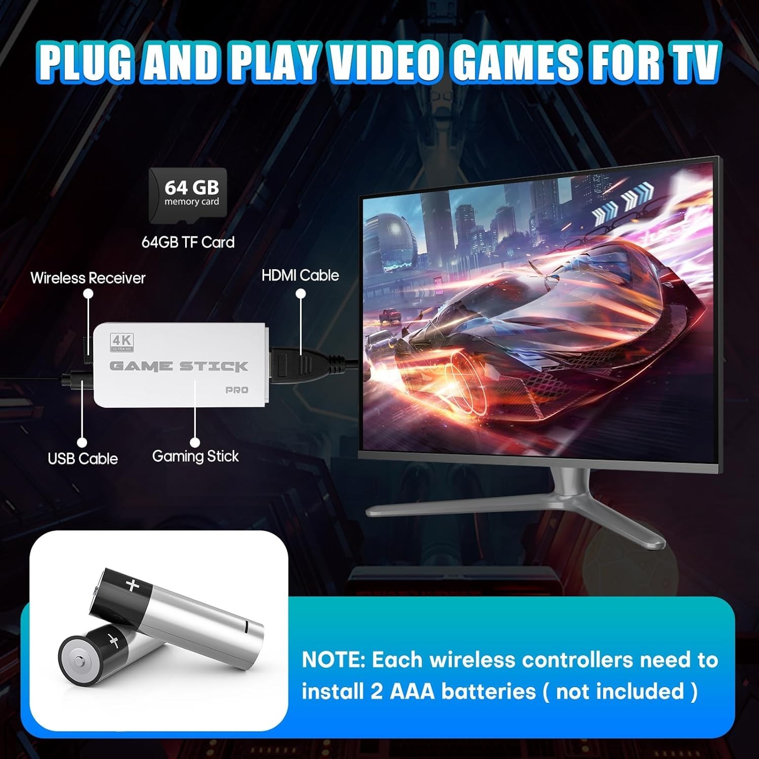 Retro Game Stick with 64GB TF Card,4K HDMI Plug and Play Video Games for TV