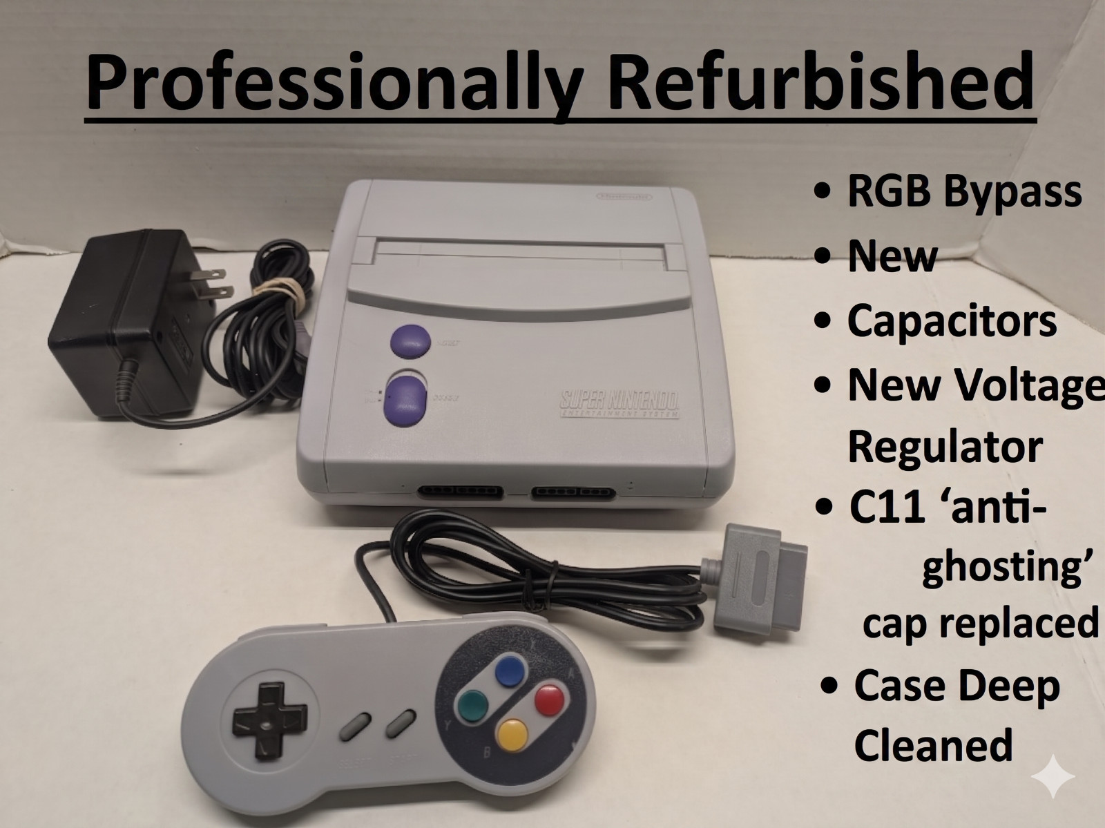 SNES JR – RGB bypass, S-Video, New caps, Regulator, C11 Cap, LED. Great Shape!