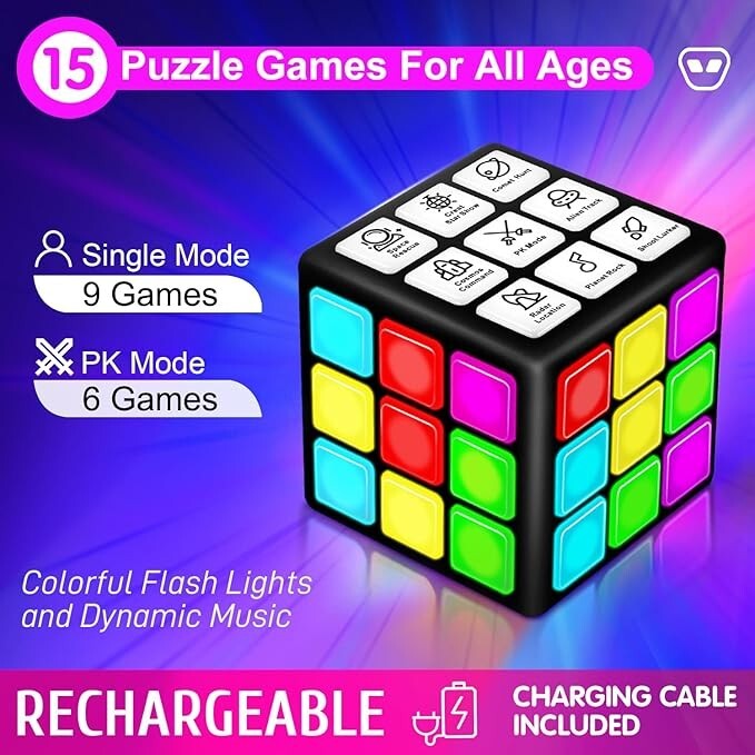 Cubo de mano recargable, 15 divertidos juegos de memoria y cerebro con pantalla