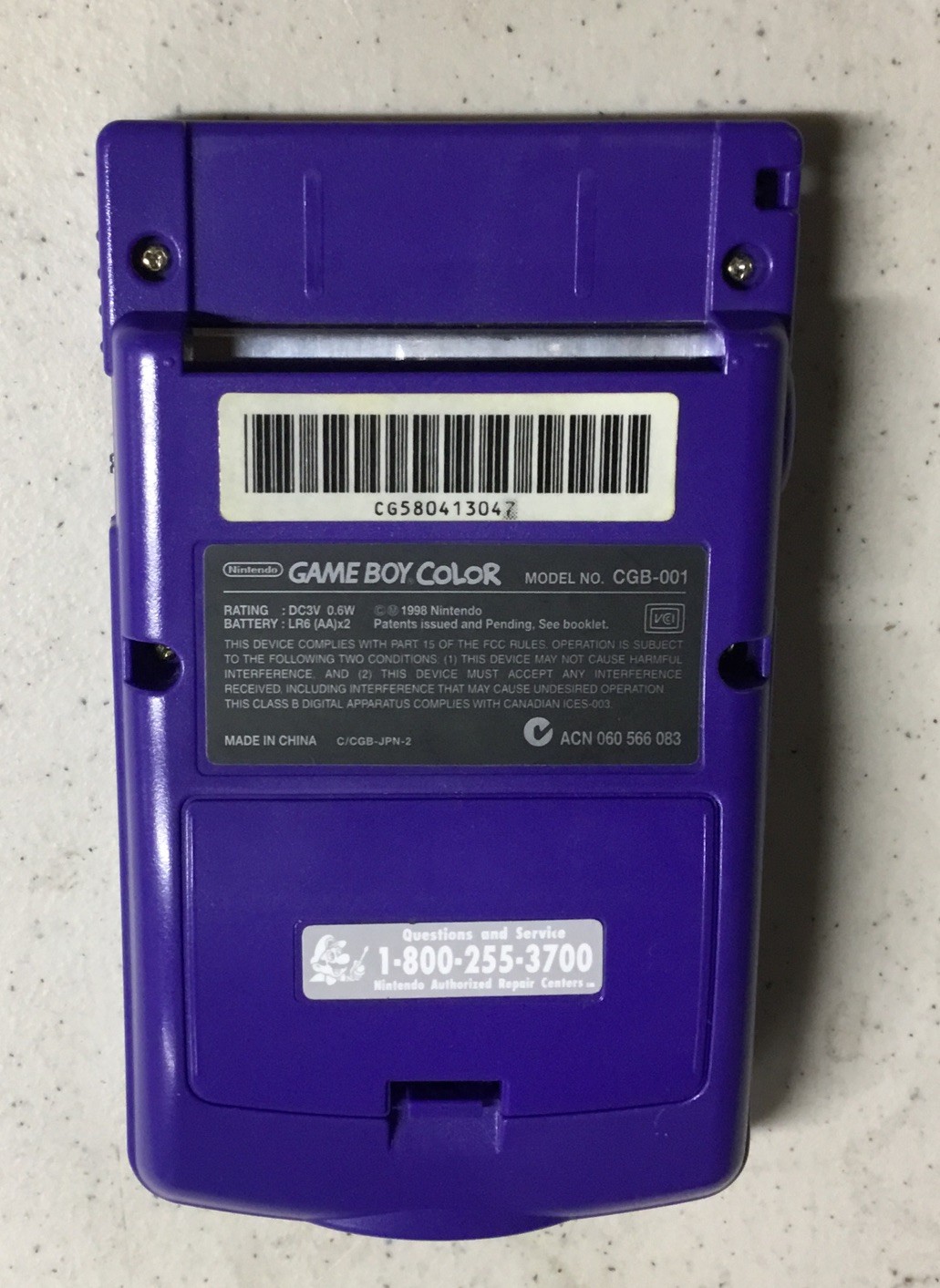 1998 NINTENDO Gameboy Color CGB-001 Purple Handheld Console Case + Frogger Game
