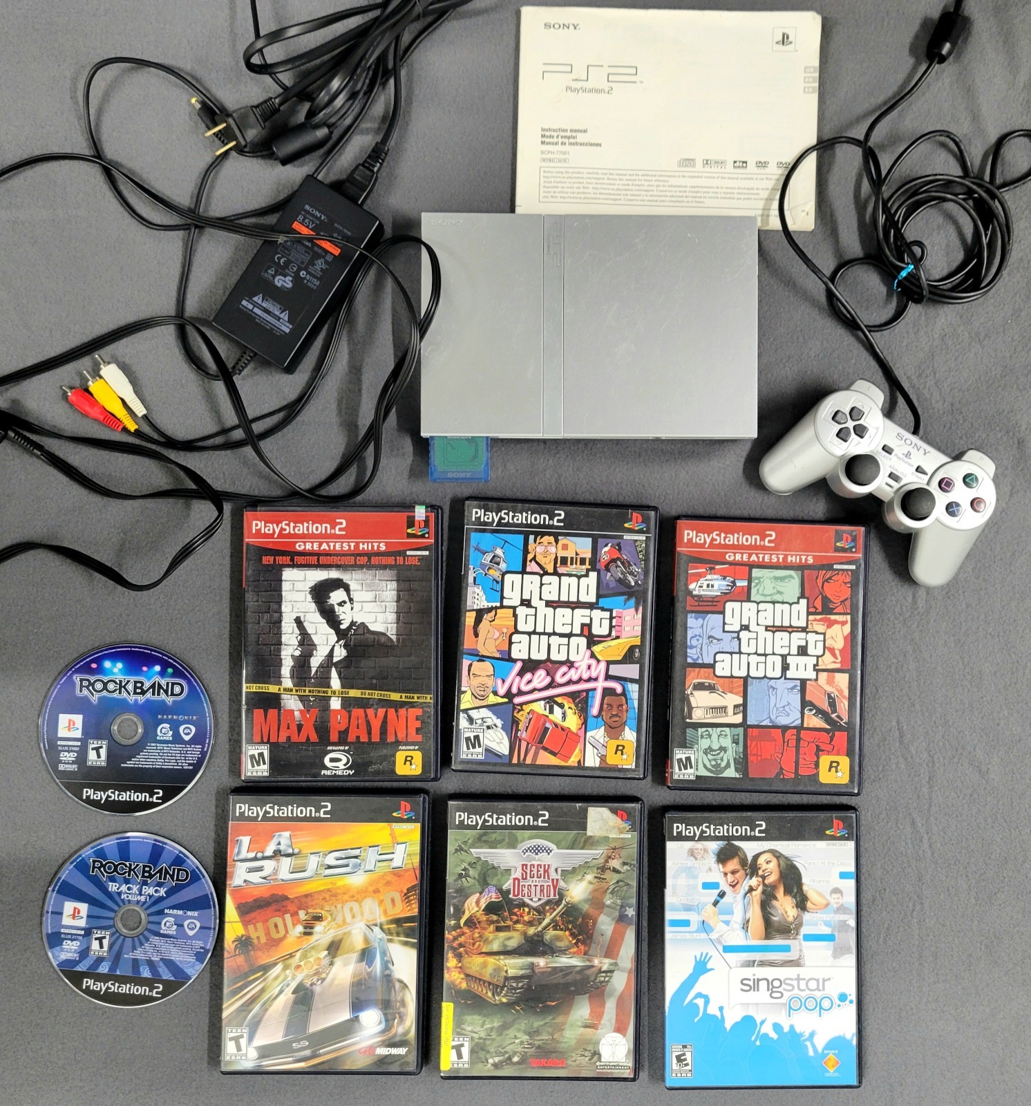 Sony PS2 Slim Silver SCPH-77001 Console Bundle with Games & Cables GTA