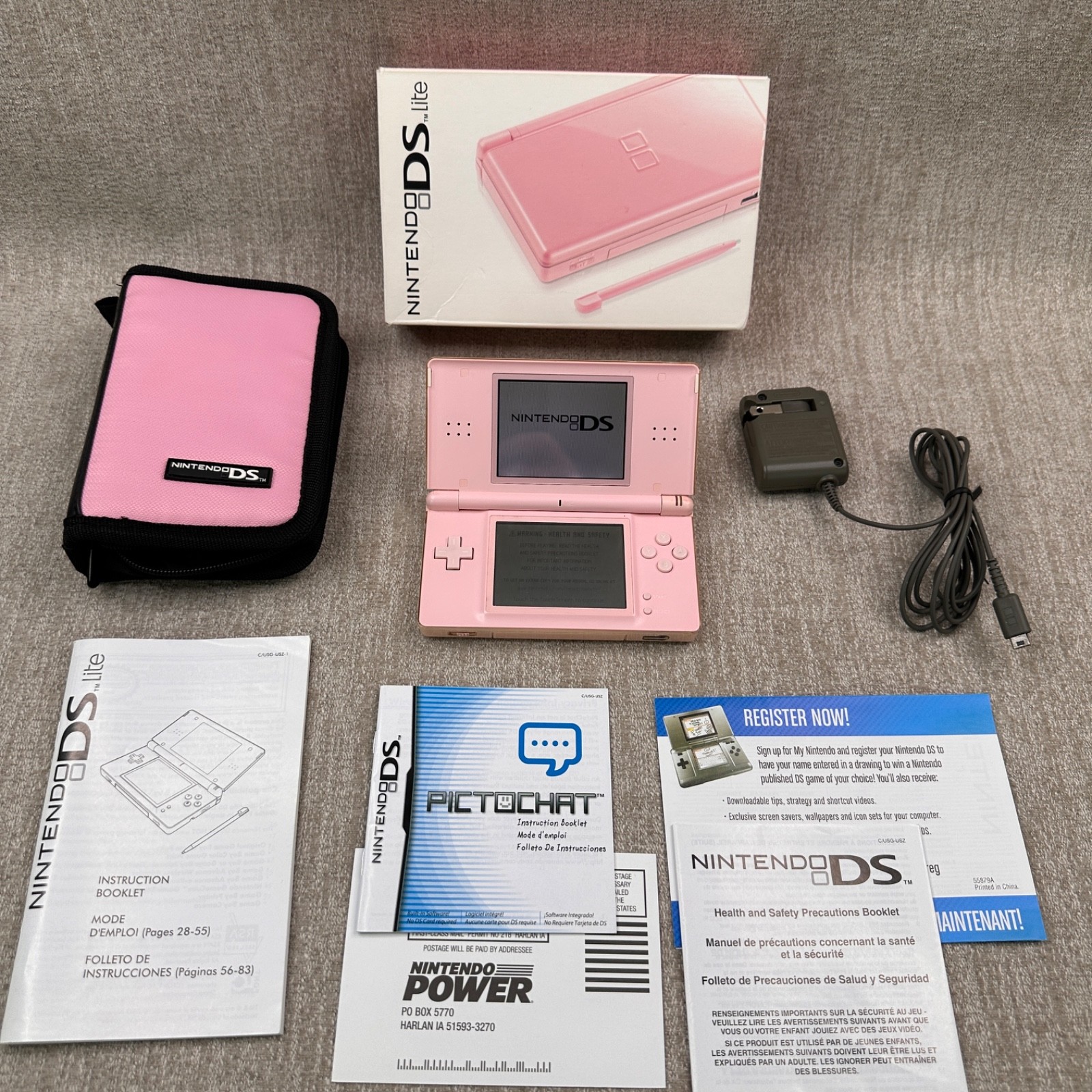 All OEM Nintendo DS Lite PINK With Box, Case, Charger, Manuals Tested Working
