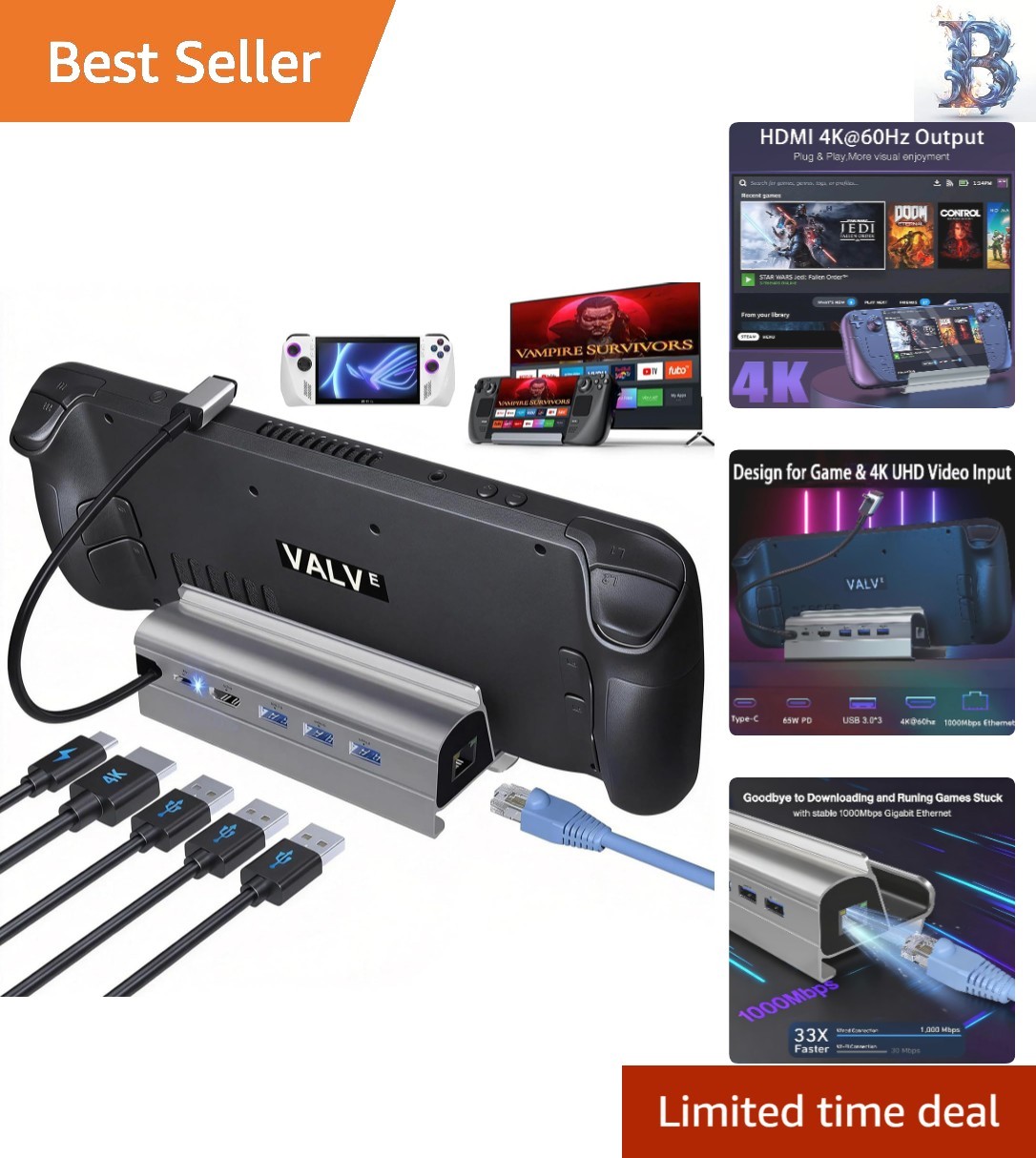 6-in-1 Docking Station for Steam Deck – 4K@60Hz HDMI, Gigabit Ethernet & More