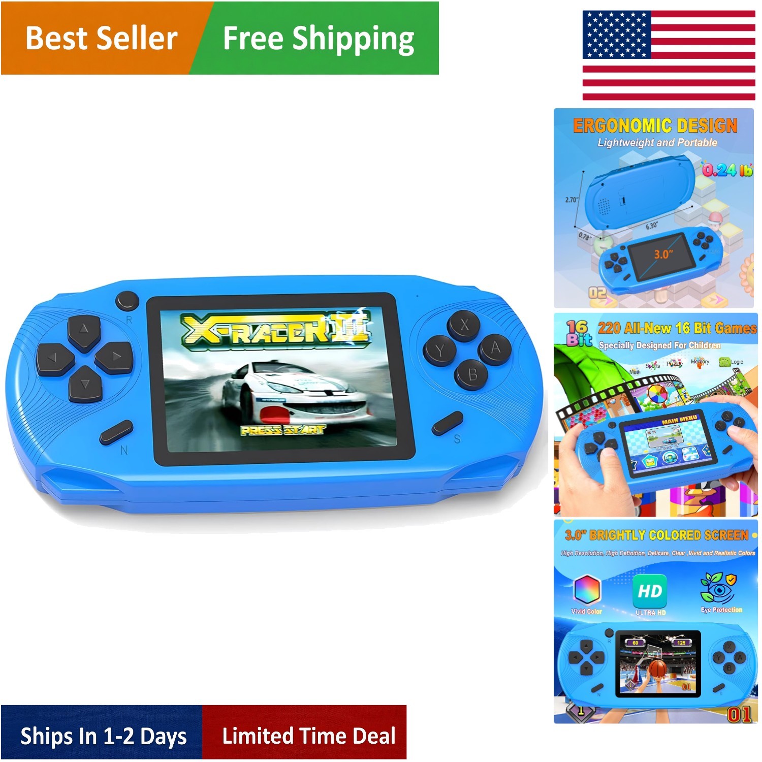 Portable 16-Bit Retro Game Console – 220 Games, USB-C Rechargeable, Perfect Gift