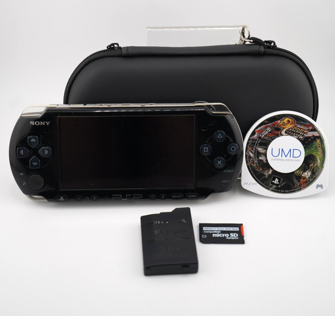 Sony PSP-3000 Console with OEM Battery, Game, 64GB SD, Case Bundle – Piano Black
