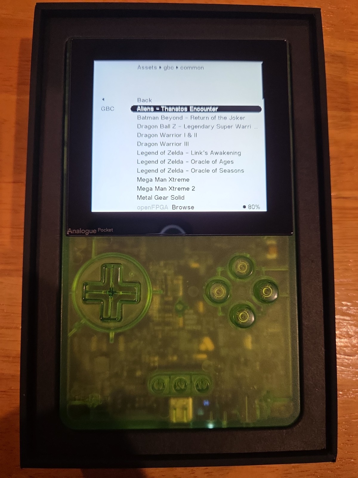 Analogue Pocket Transparent Green in Original Box – Gently Used. Hard Shell Case