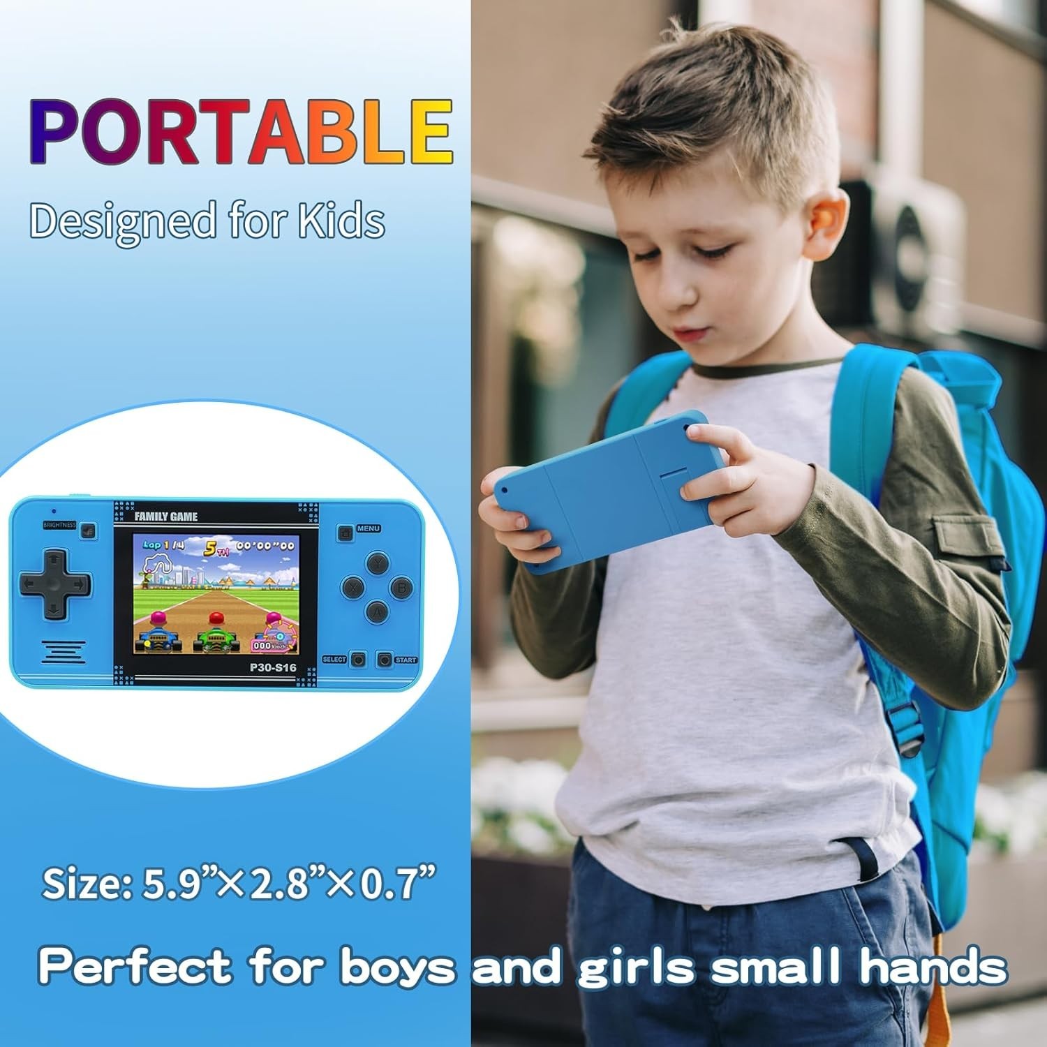 Rechargeable Handheld Game Console – Retro Arcade Toy, Blue