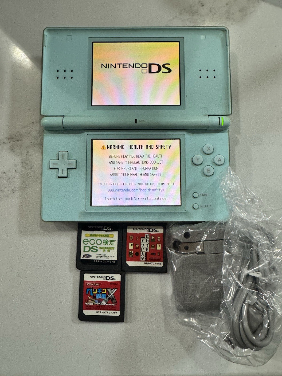 Nintendo DS Lite Ice Blue Console Bundle Charger 3 Games Tested Working JP