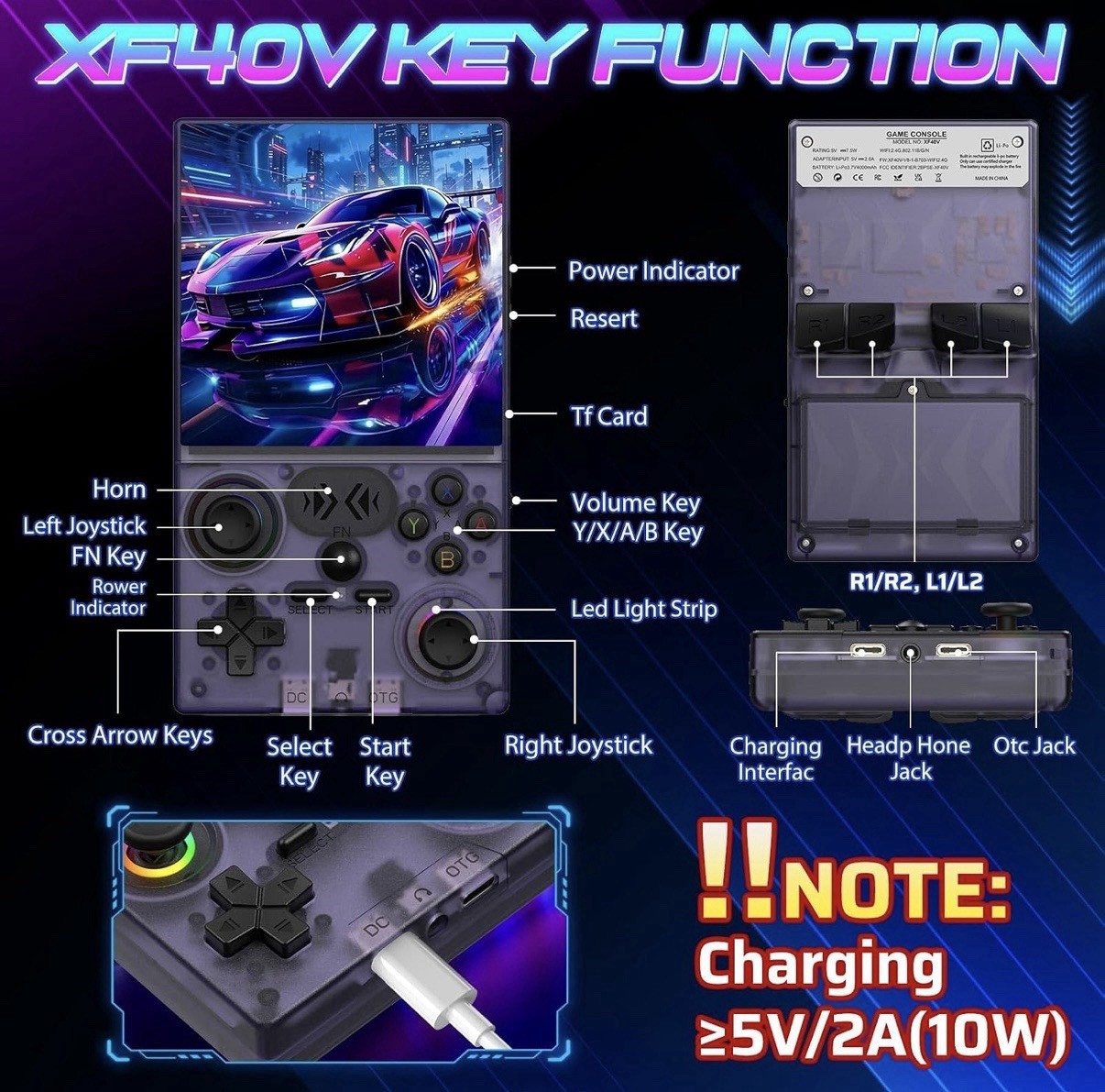 XF40V 2026 Handheld Game Console 64GB Purple Wi-Fi Headphone Jack Region Free