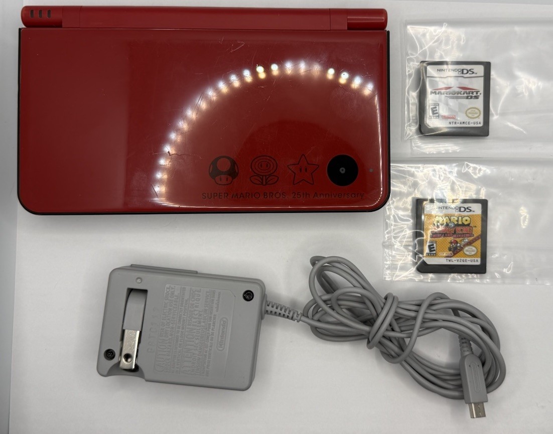 Nintendo DSi XL Super Mario Bros 25th Anniversary NO Stylus 2 Games & Charger A6