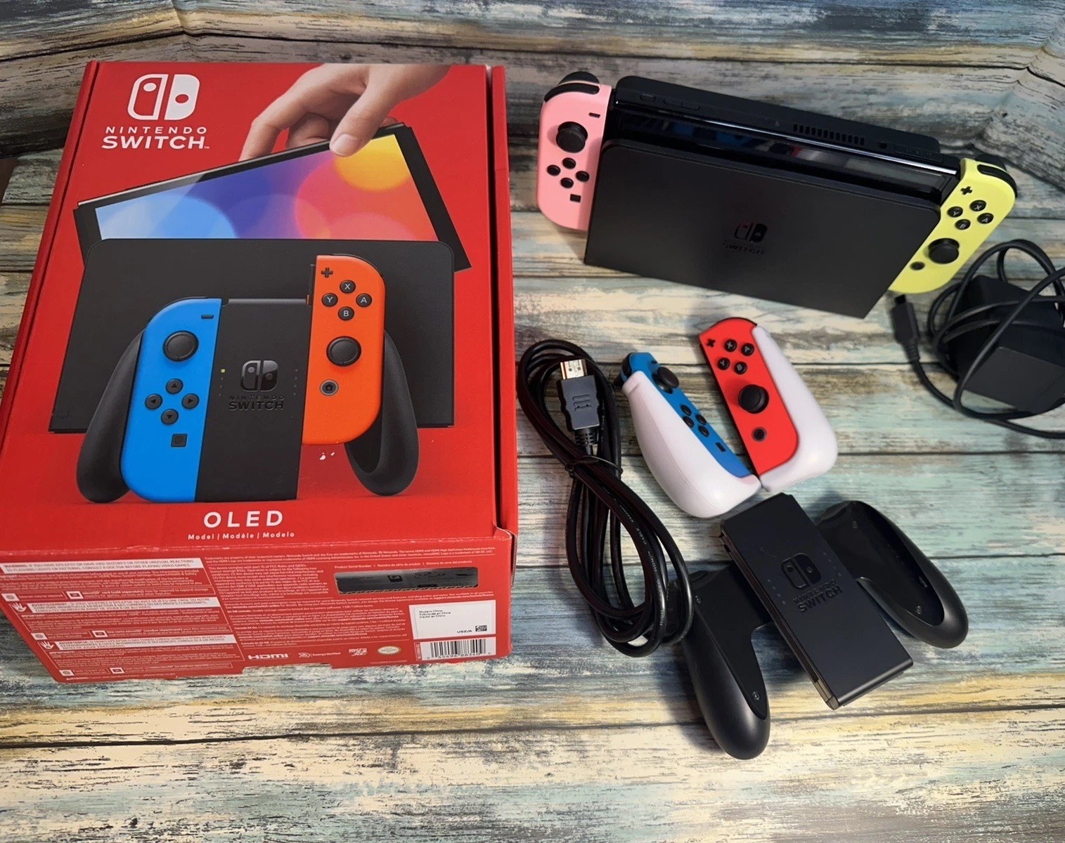 Nintendo Switch OLED Model w/ Neon Red & Neon Blue JoyCon Console + 2 JoyCons