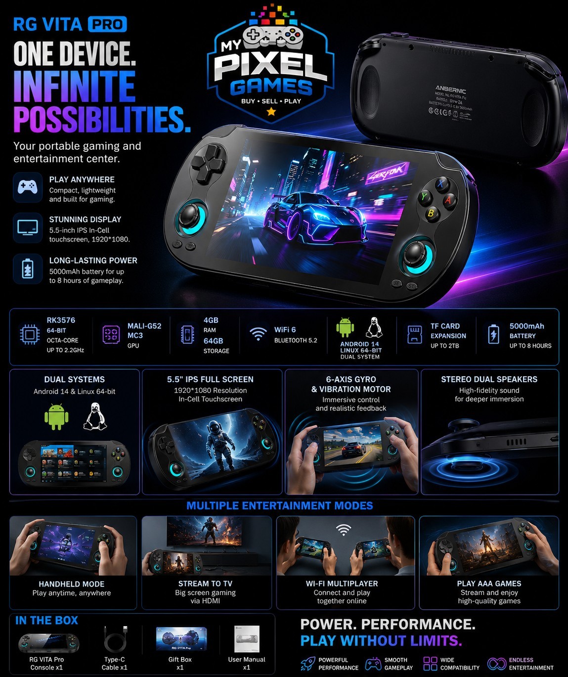 RG VITA Pro Dual System Handheld Console Black Wi-Fi Bluetooth 64GB 1080p