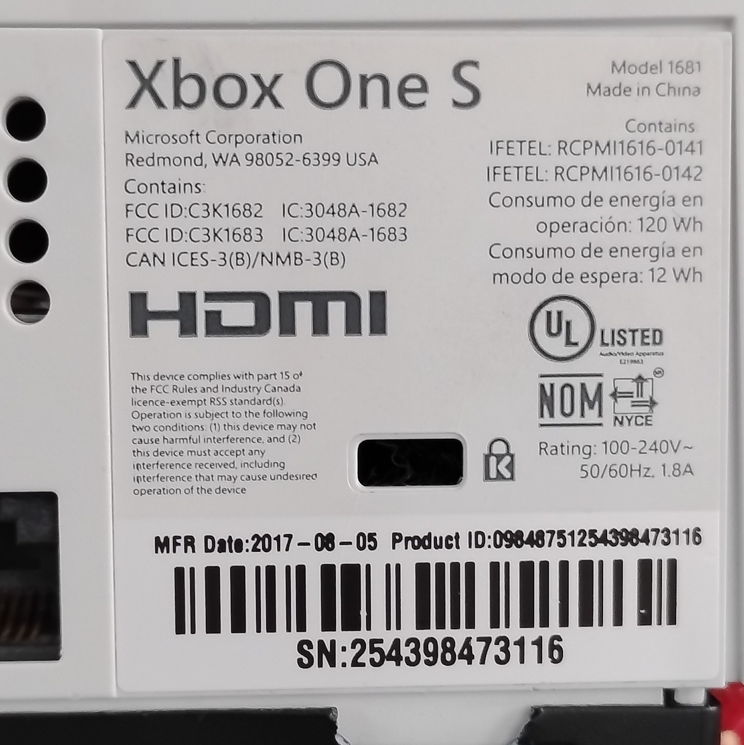 Microsoft Xbox One S 500GB White Console 4K UHD Wi‑Fi HDMI NTSC-U/C 1681