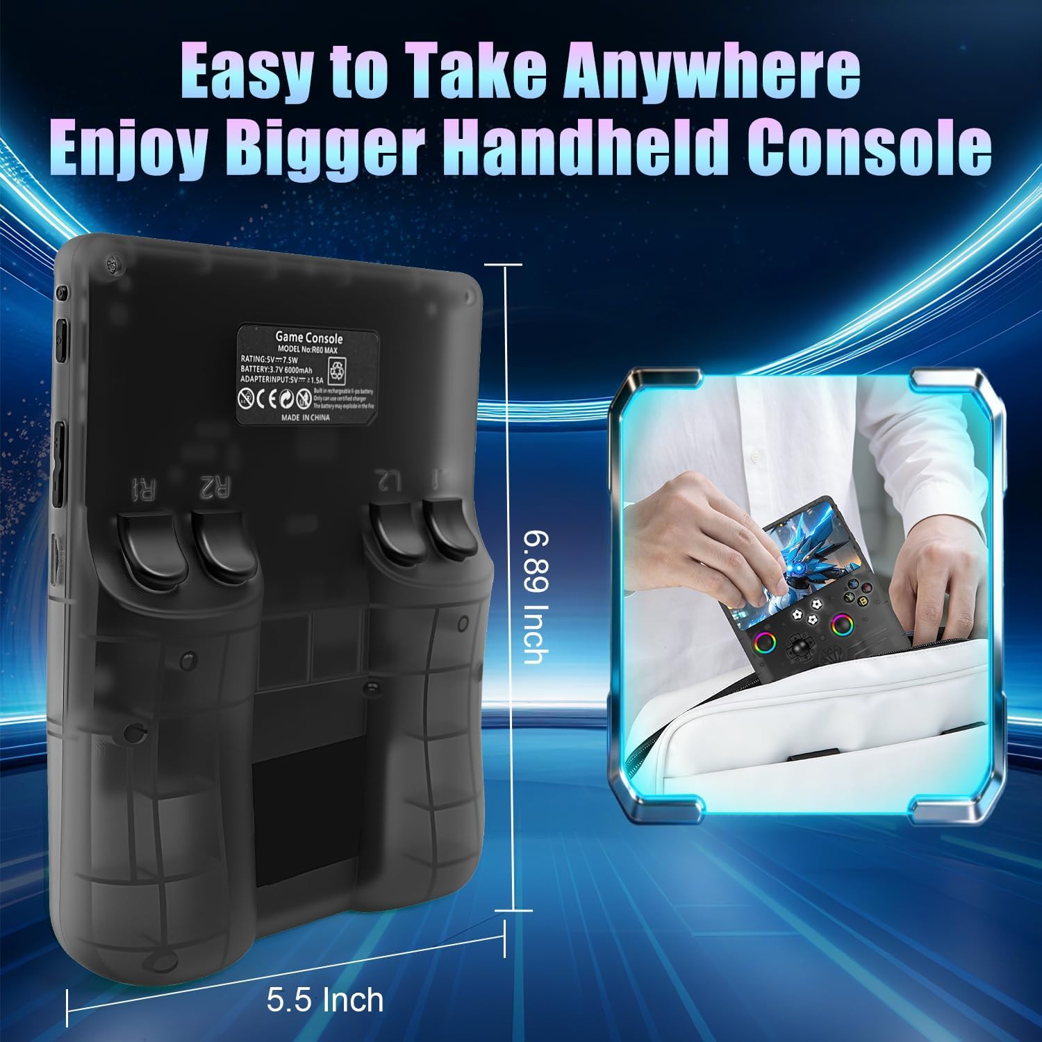 R60 Max Handheld Game Console,128Gb Retro Gaming Console with 40,000+ Games, 6-I