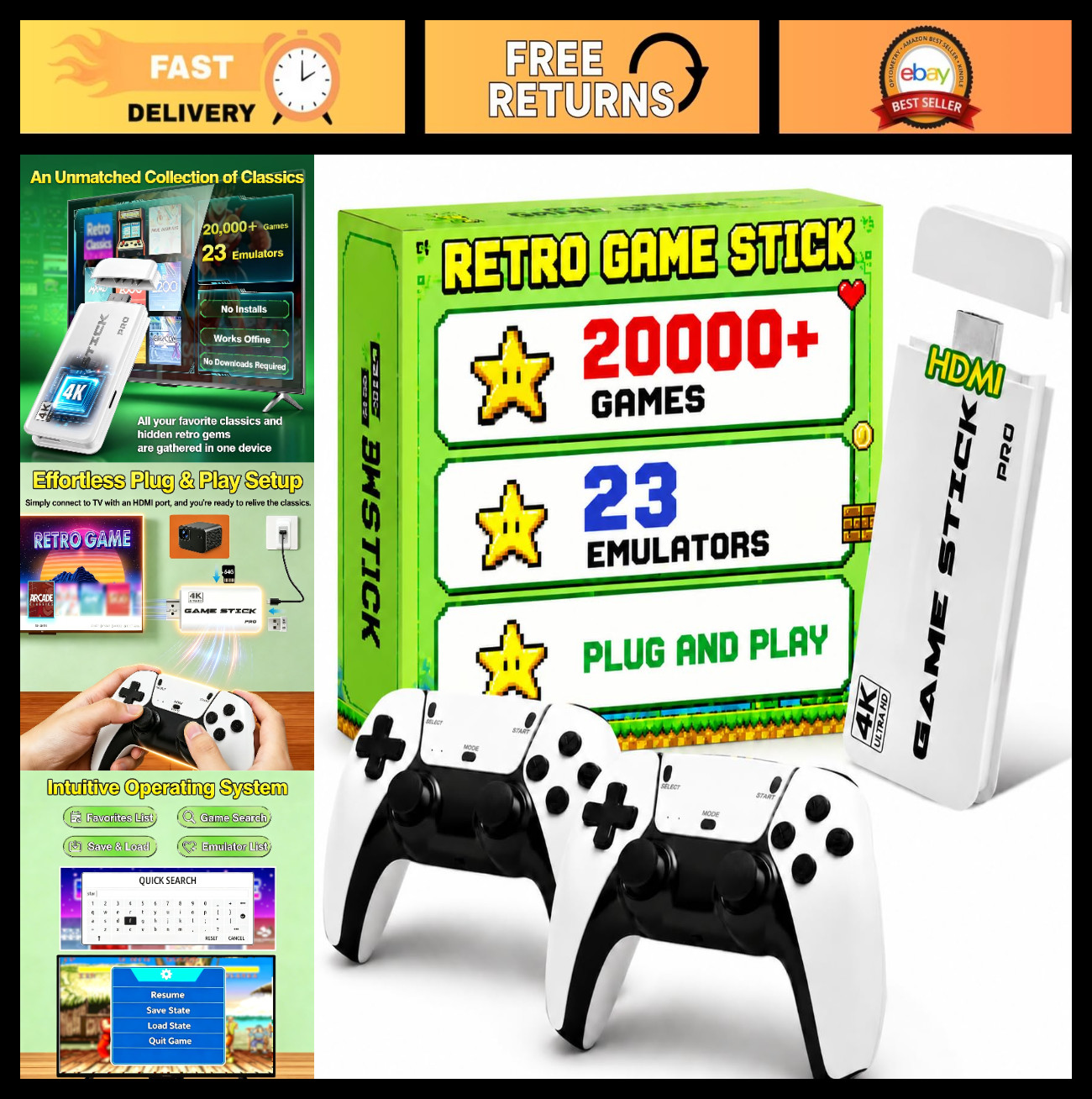 Retro Gaming Console – 20000 Classic Games, 23 Emulators, 4K HDMI, Wireless Cont