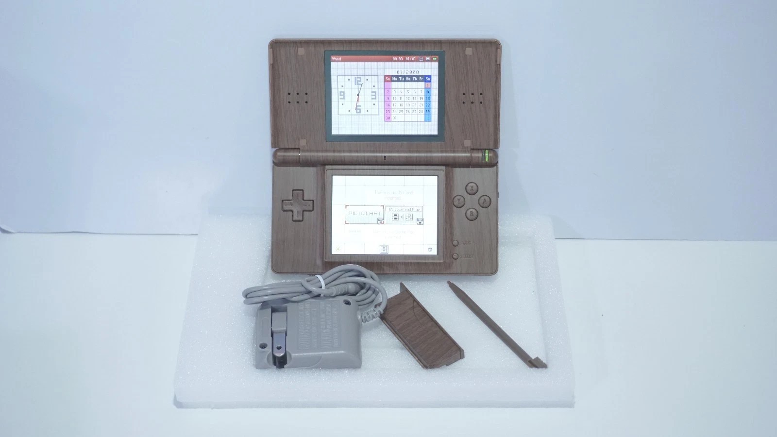 Nintendo DS Lite Brown Wood Grain Handheld Game System with Charger & Stylus Pen