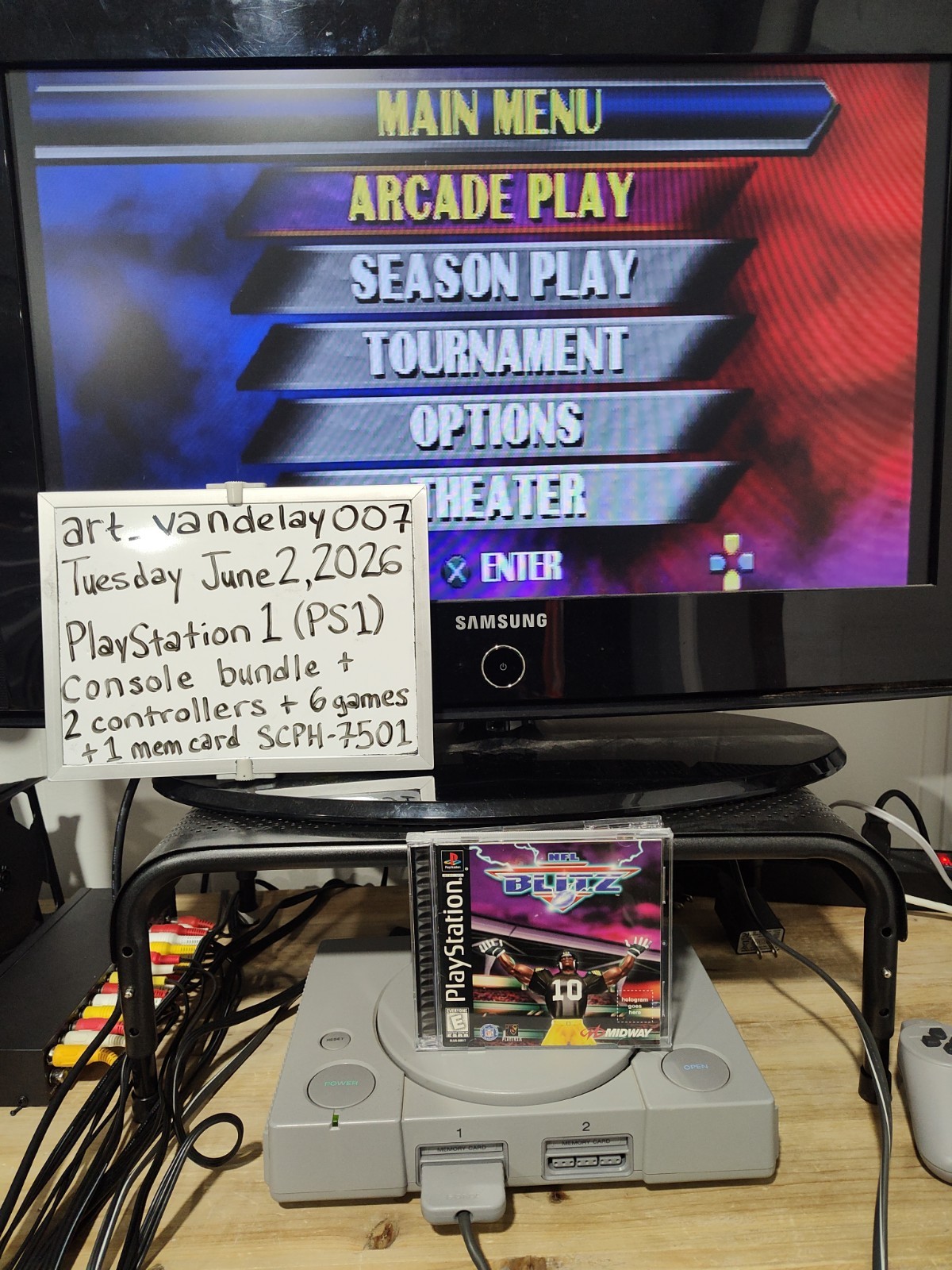 Sony PlayStation 1 PS1 Bundle + 2 Controllers + 6 Games + Mem Card* VGC* Tested!