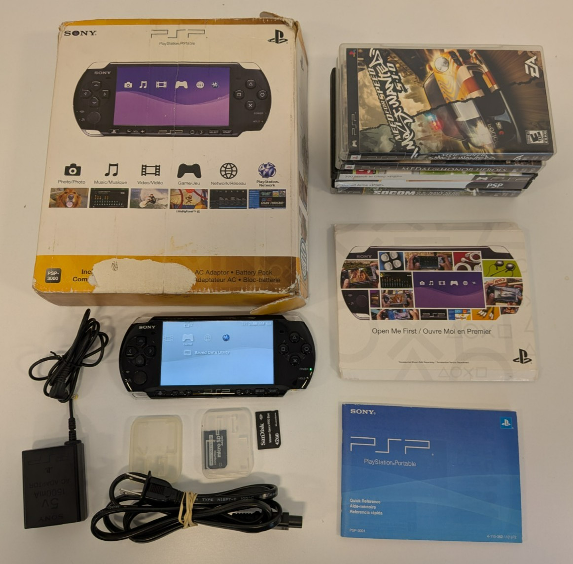 Sony PSP-3001 System Bundle With Box, Manuals, 6 Games, 2GB SD, Charger Tested