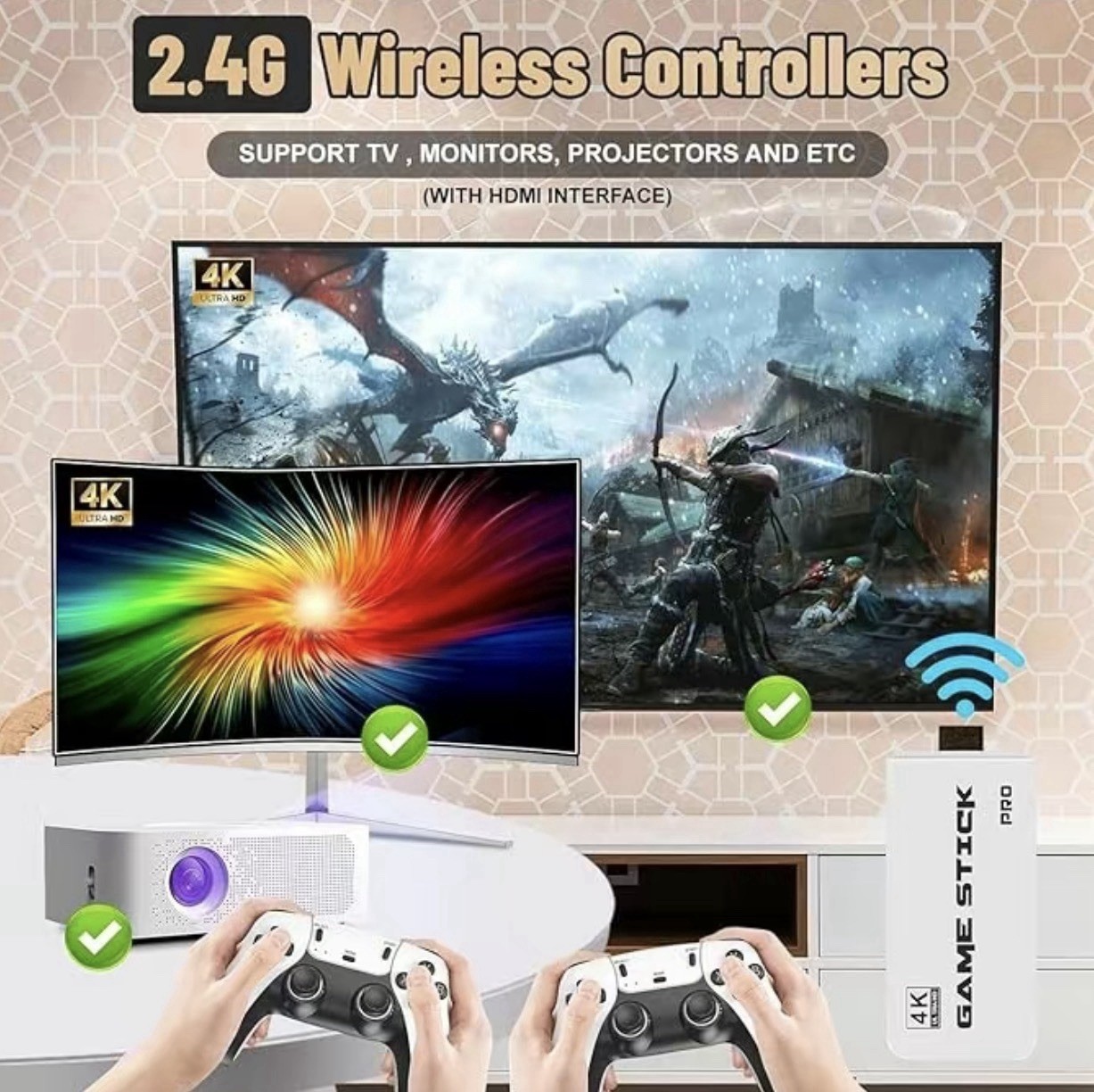 Game Stick Pro 4K HDMI Microconsole 64GB Wireless Controllers Precision D-Pad