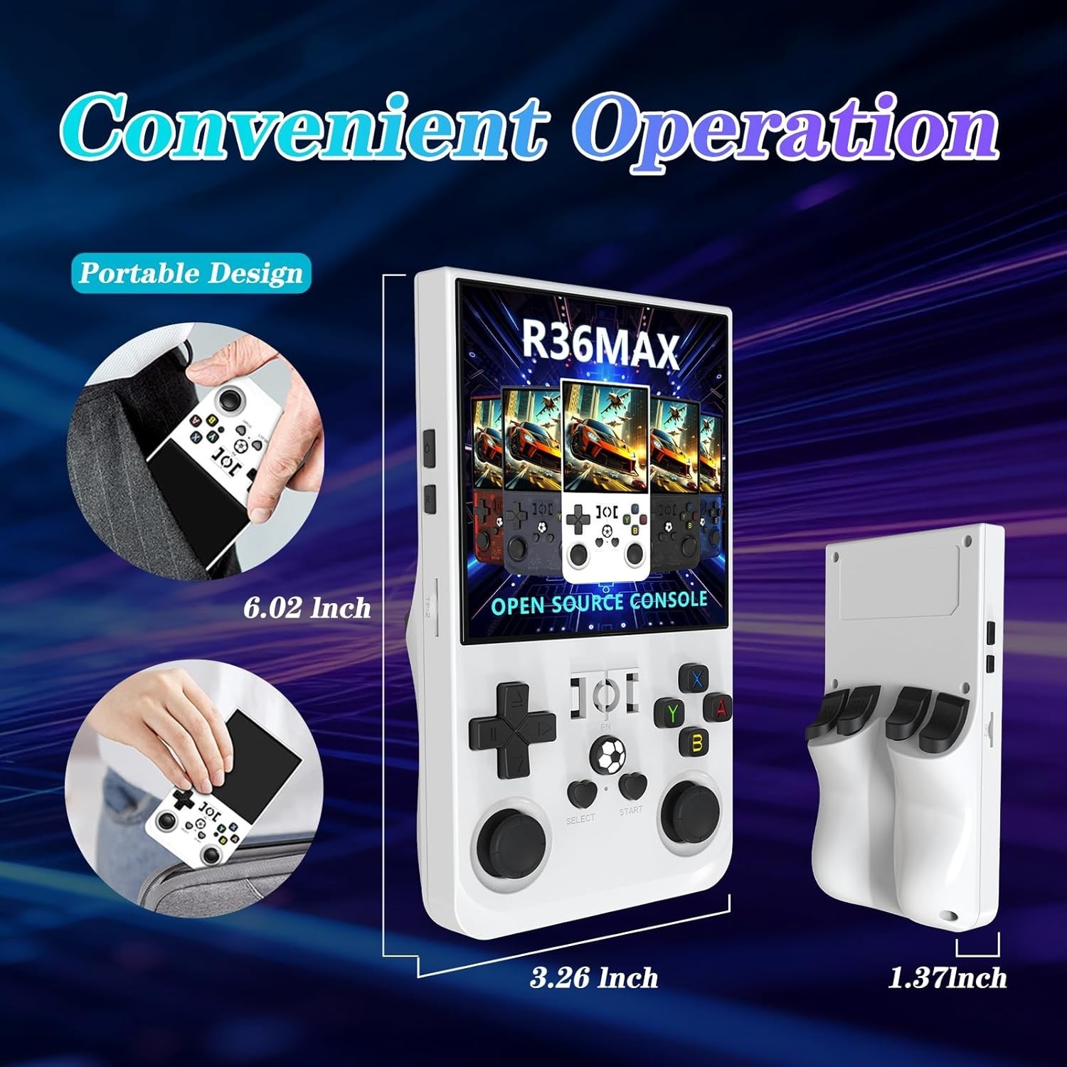 R36MAX Retro Handheld Game Console – 4000mAh, 64GB, 4″ Screen, White