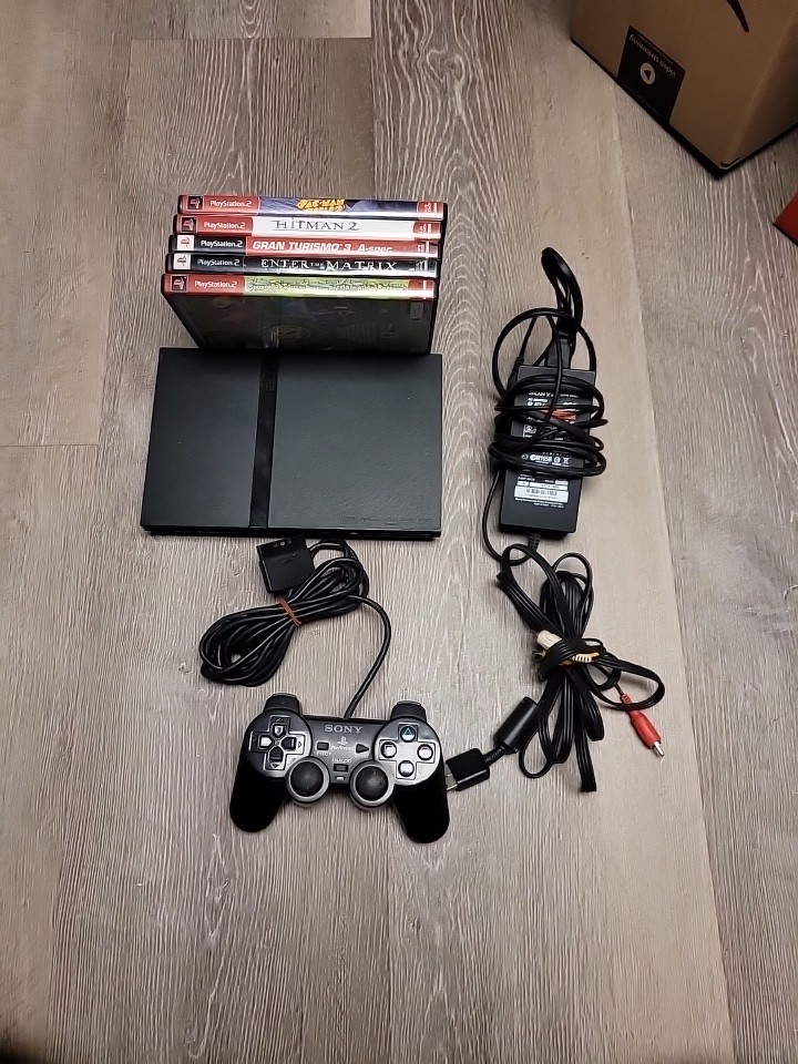 Sony PlayStation 2 Slim Charcoal Black Console Tested Bundle 5 Games