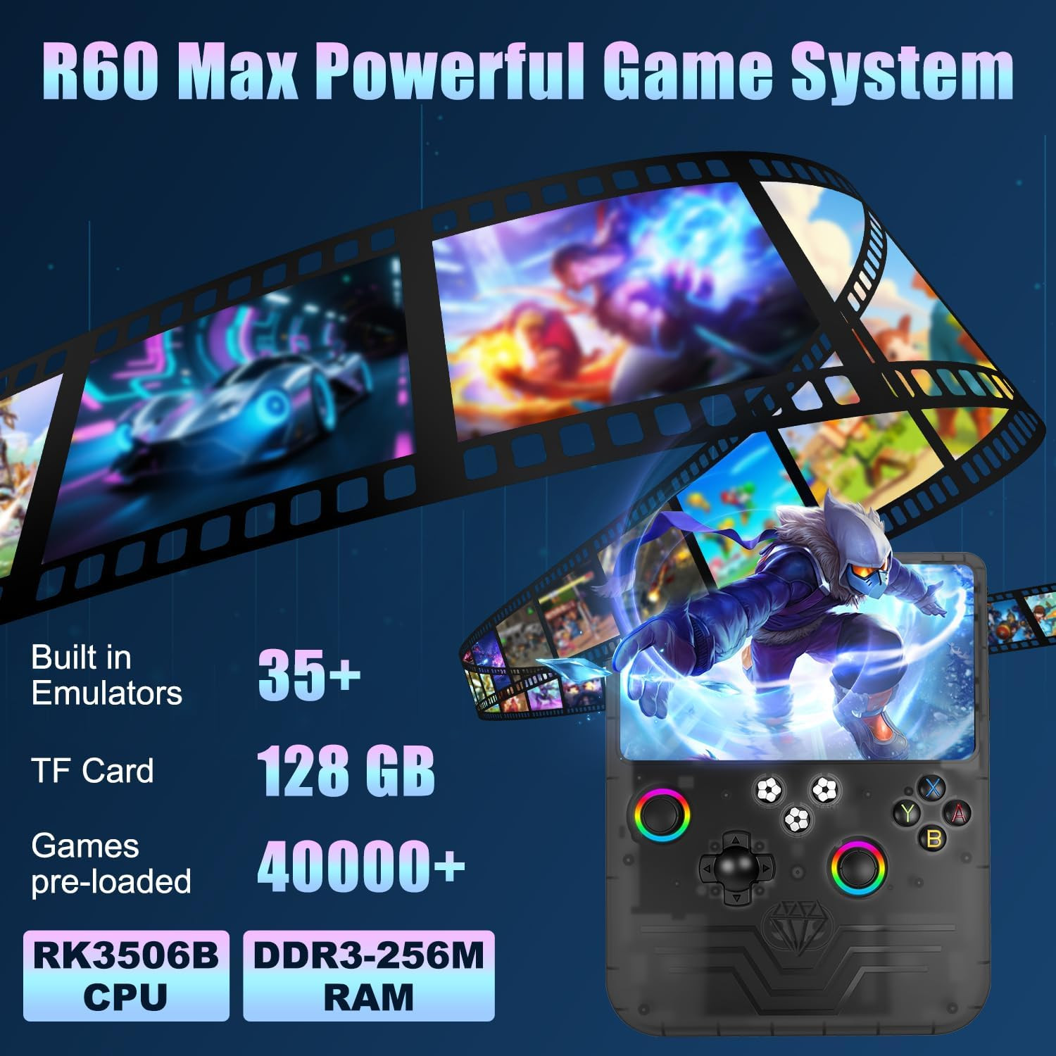 R60 Max Handheld Game Console,128Gb Retro Gaming Console with 40,000+ Games, 6-I