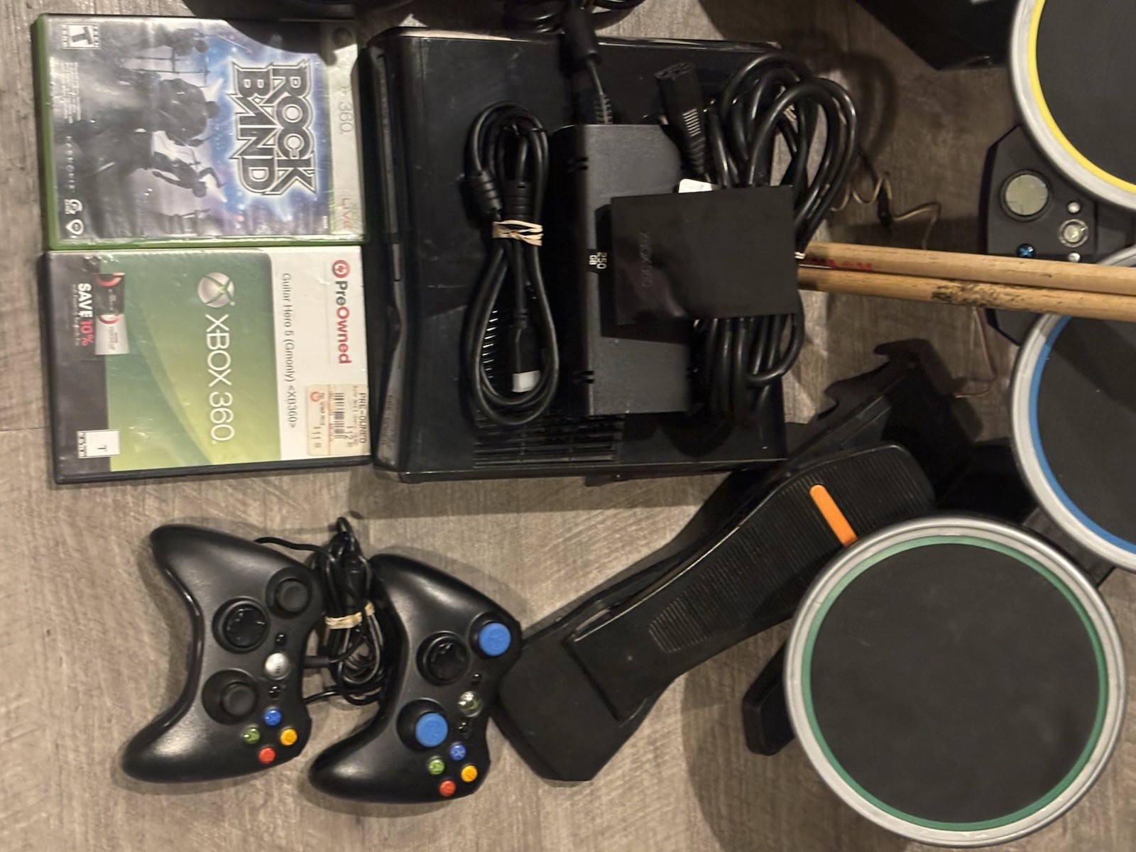 Xbox 360 S Console 250GB Guitar Hero + Rockband Drums Games & Controllers Bundle