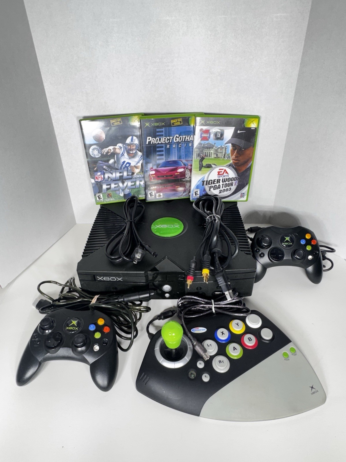 Microsoft Xbox Original Console 2 Controllers, Joystick, Wires & Games – Tested