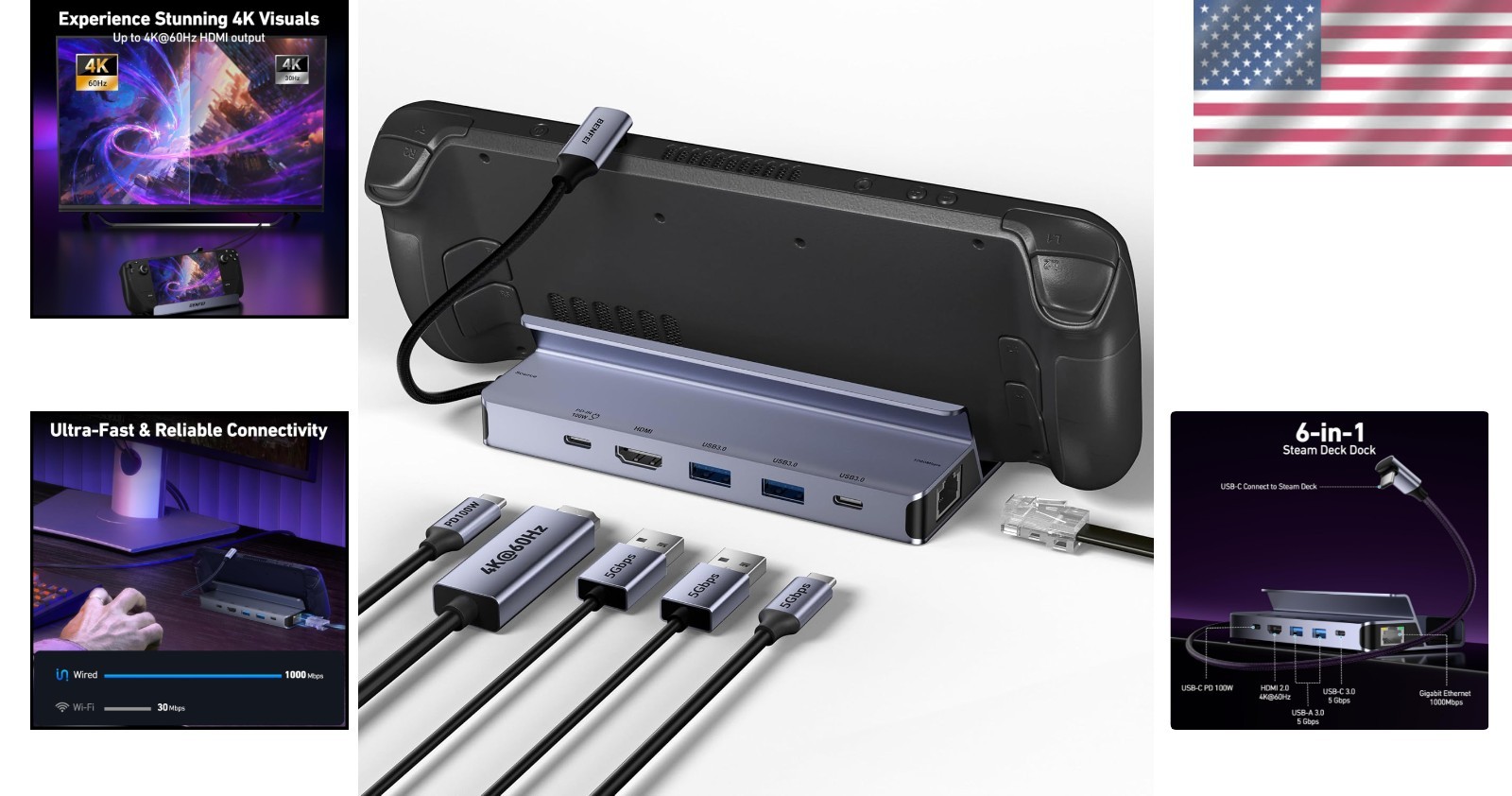 6-in-1 USB C Dock for Steam Deck: 4K HDMI, Gigabit Ethernet, PD 100W