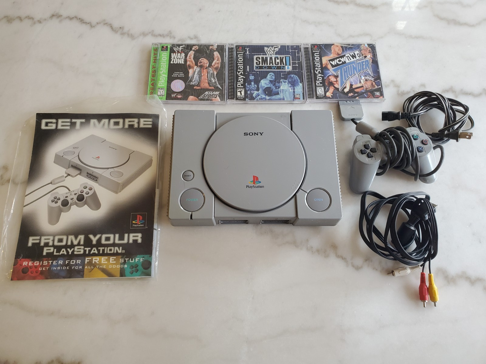 Sony Playstation PS1 Console: Sony Controller, Wires Tested + 3 Wresleting Games