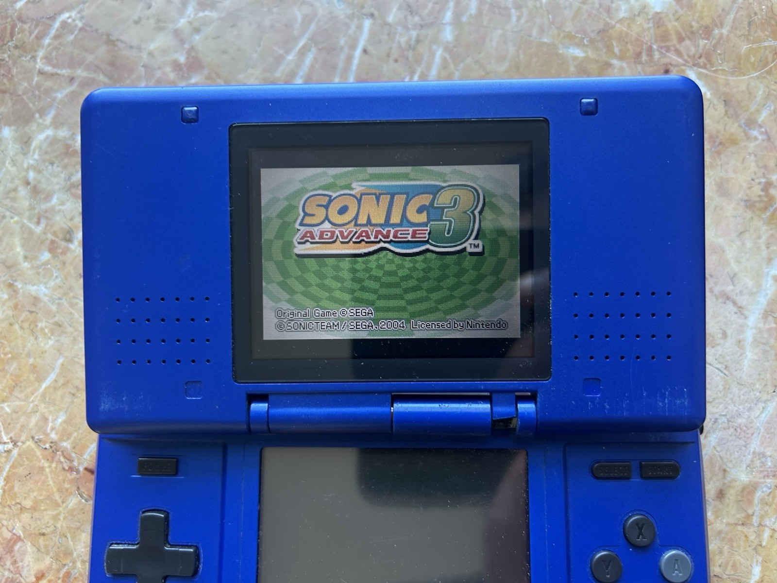 Nintendo DS Cobalt Blue NTR-001 WORKING, BUT BROKEN HINGE NO CHARGER (w/ Game)