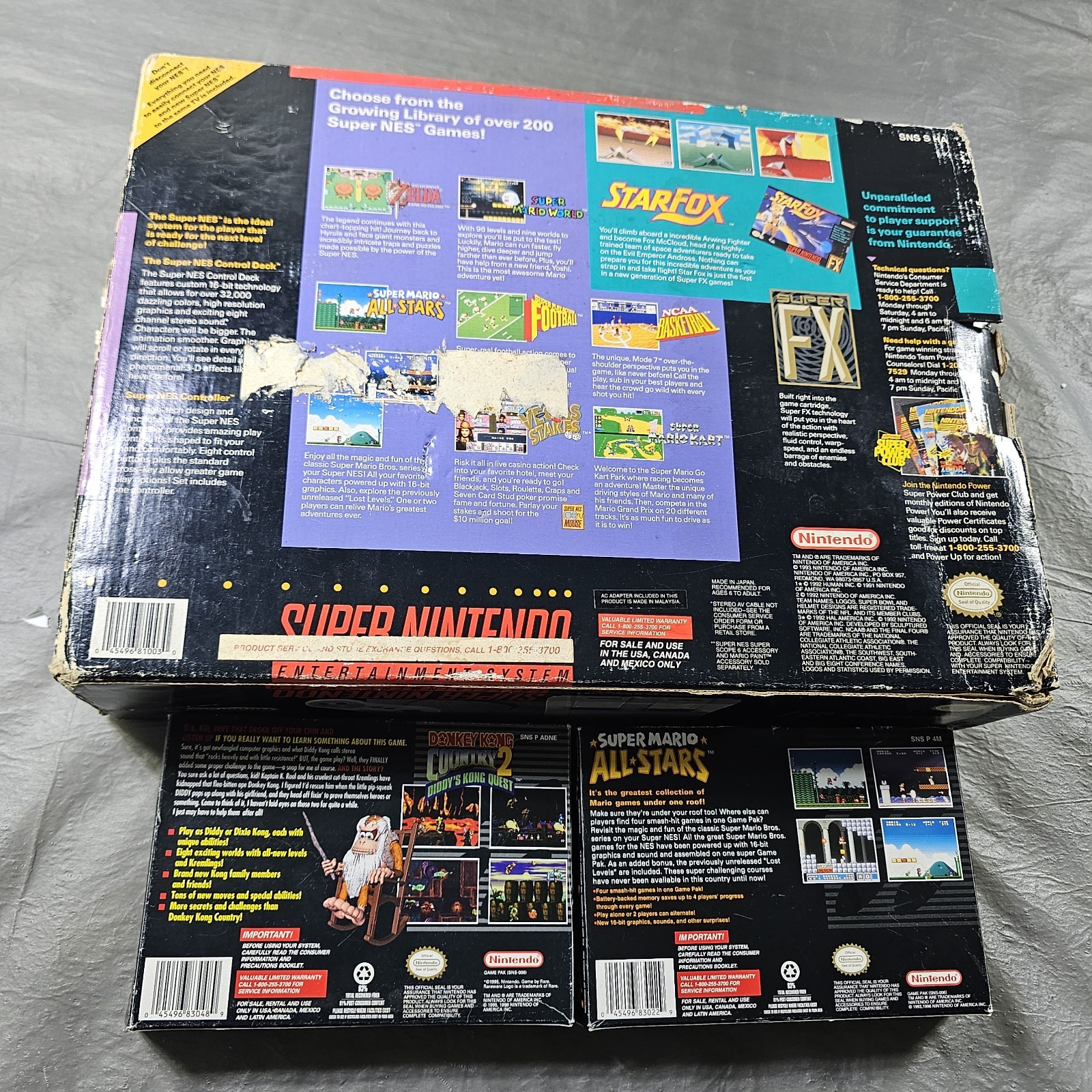 Super Nintendo SNES Console IN BOX Bundle W/ Super Mario All Star Donkey Kong 2!