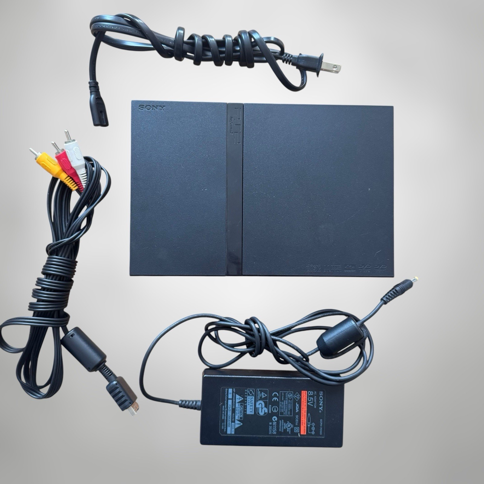 Sony PlayStation 2 Slim SCPH-75001 Black Console AV Cables & Power Cord – TESTED