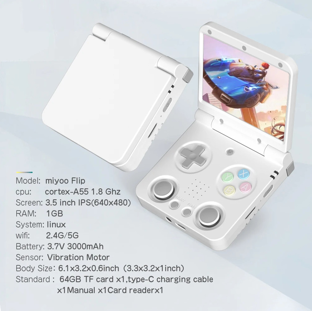Miyoo Flip V2 Grey 64GB 3.5” IPS Dual Analog Retro Handheld (Silent Hinge) Case