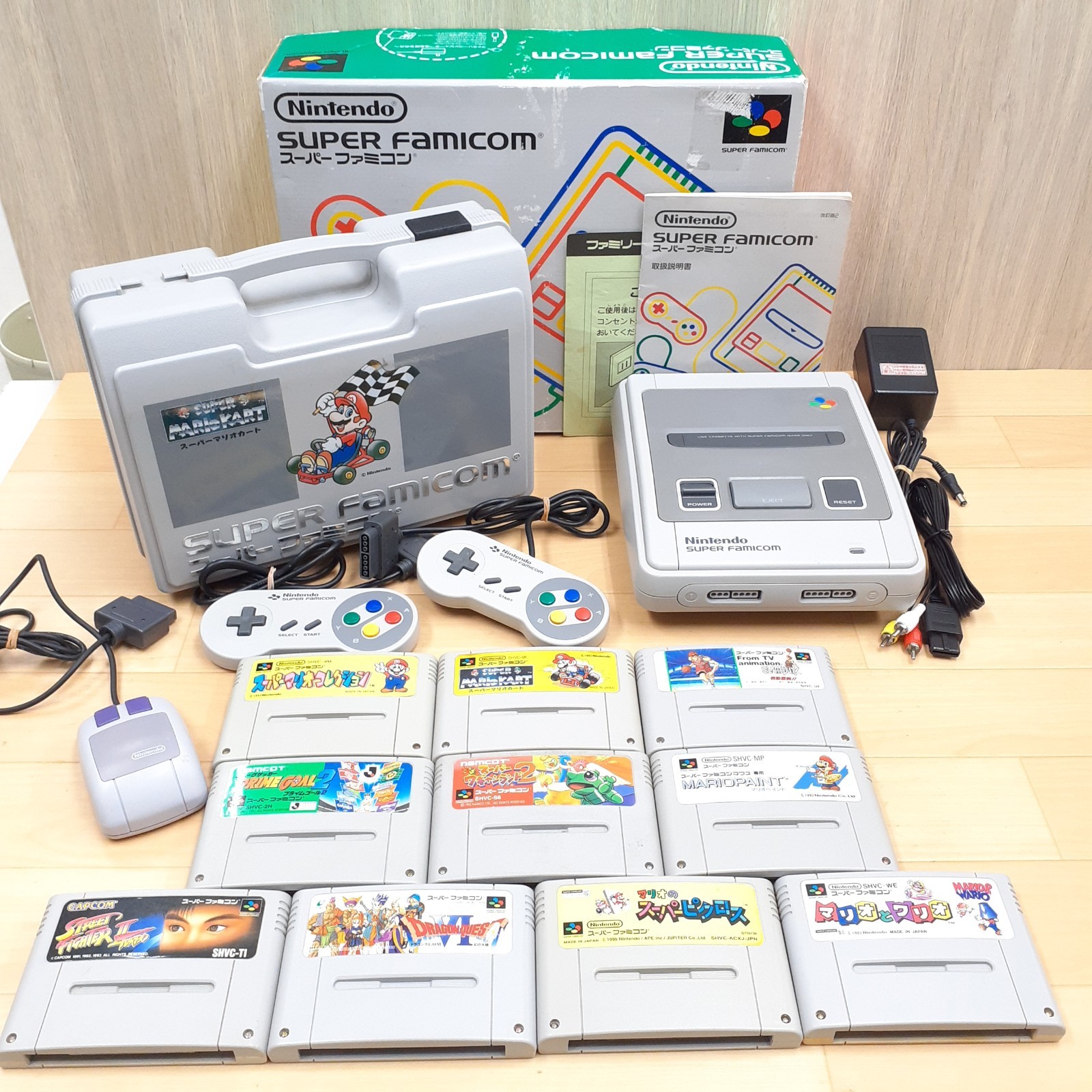 Nintendo Super Famicom Console Japan with Box, Mario Kart Storage Case &10 Games