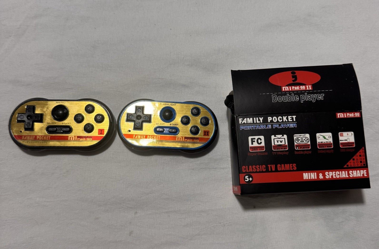 Family Pocket mii iPad-90 II FC Handheld, 2-Player TV Output RCA, Gold/Blue