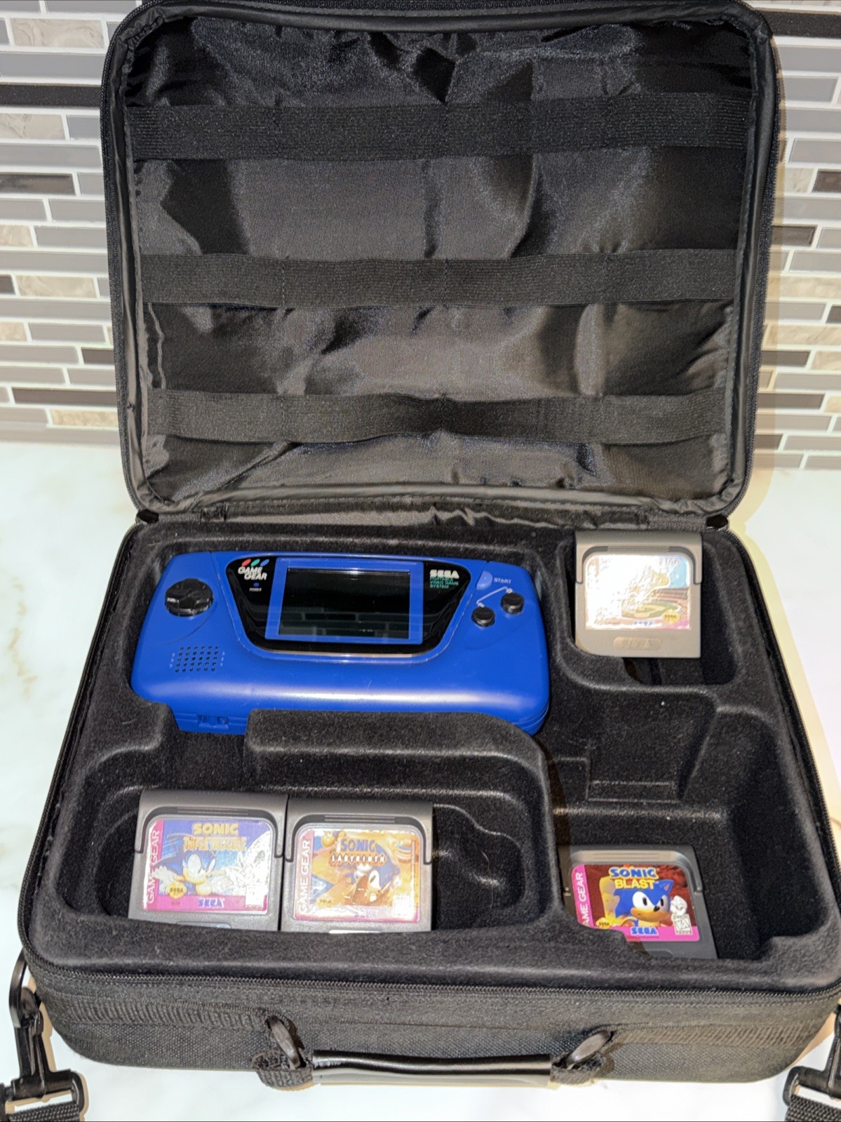 SEGA Game Gear Blue Console Bundle w/ Case & 4 Games Sonic & BB ⚾️ Repair/Parts