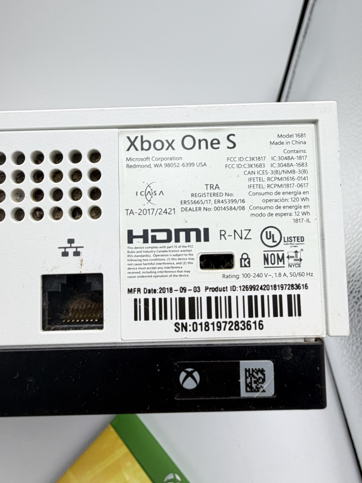 Microsoft Xbox One S Console Model 1681 w/ Controller Power Cord, Top Is Stained