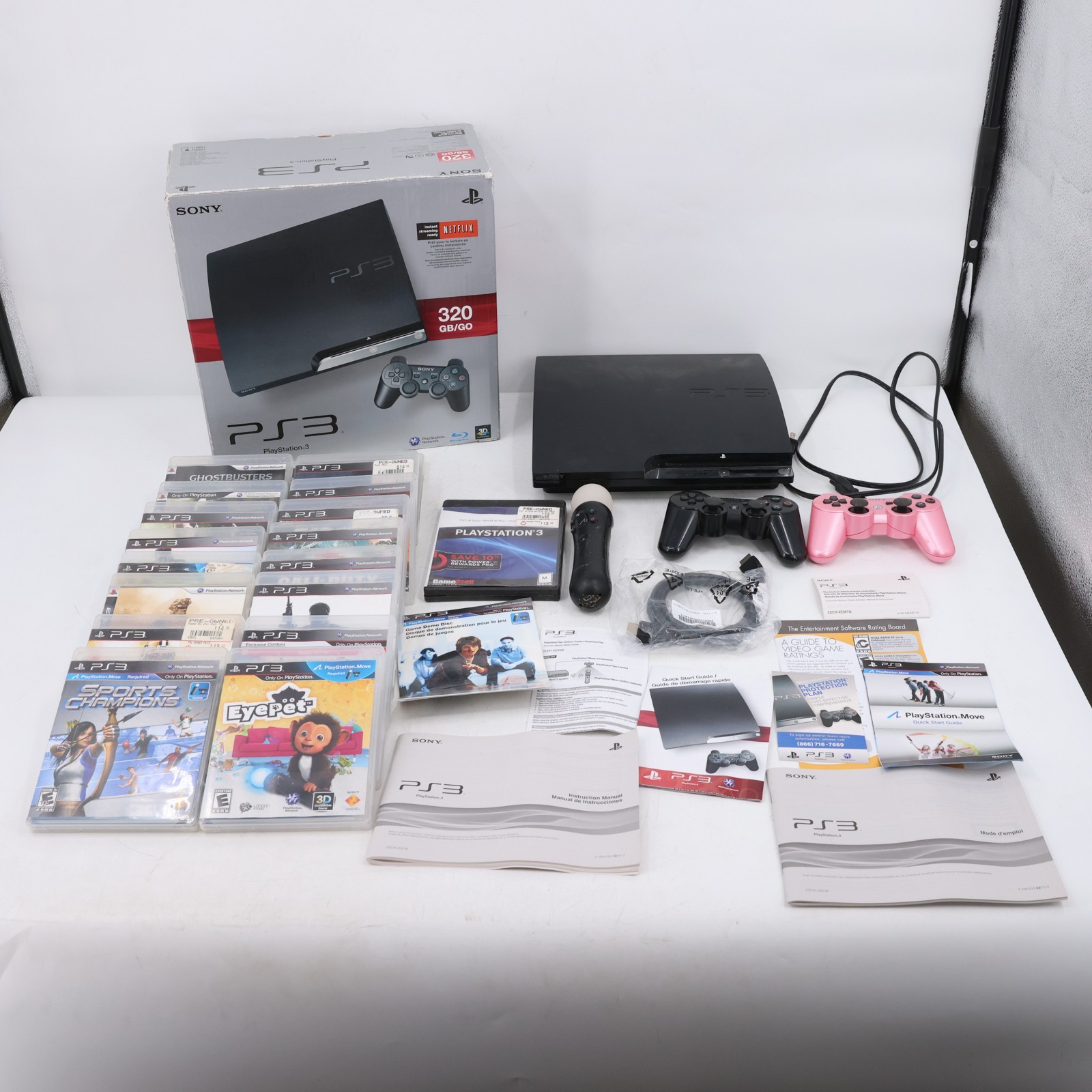 Sony PlayStation 3 PS3 Slim 320GB Console Bundle CECH-2501B 2 Controllers Move