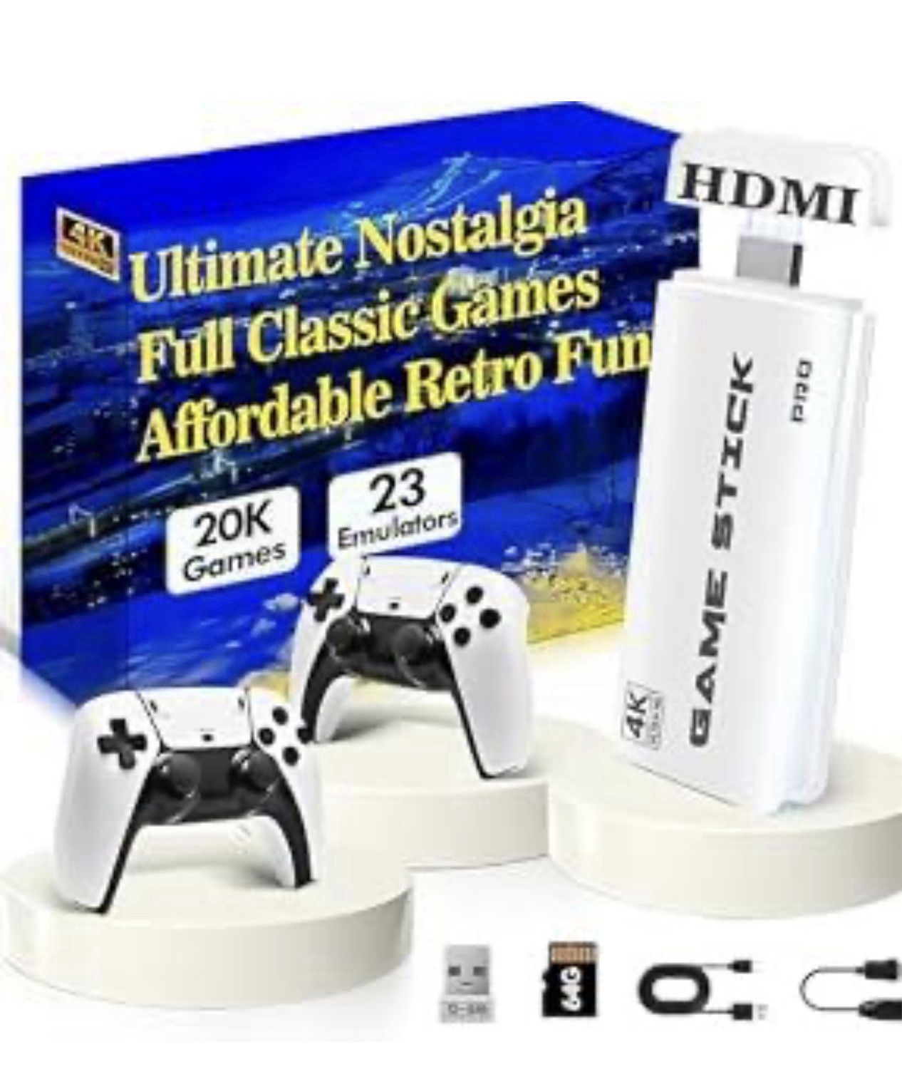 Retro Game Console 20000+ Games 4K HDMI Stick 2 Wireless Controllers Plug Play
