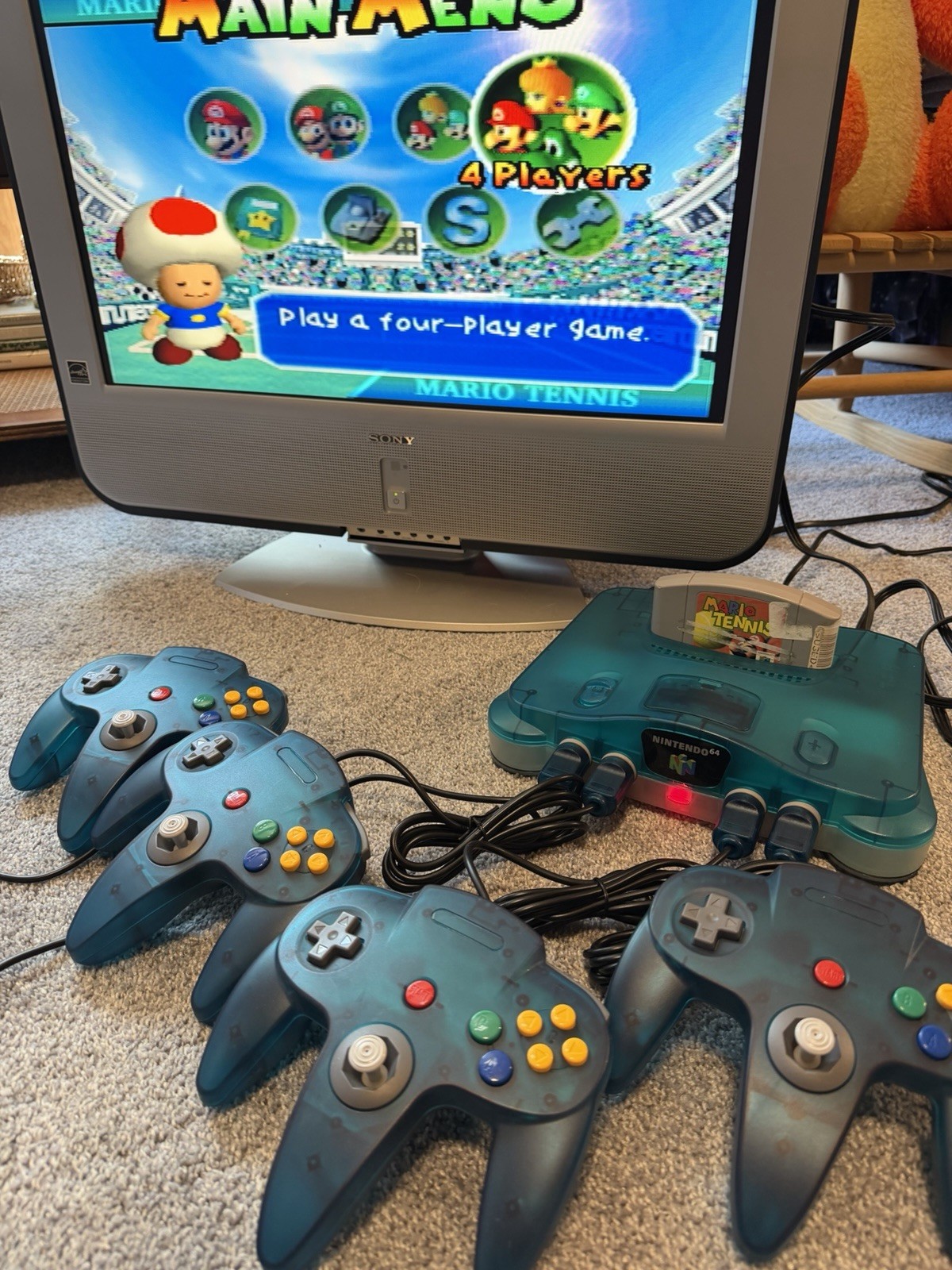 Nintendo 64 N64 Ice Blue Clear Console W/4 Controllers And Mario Tennis